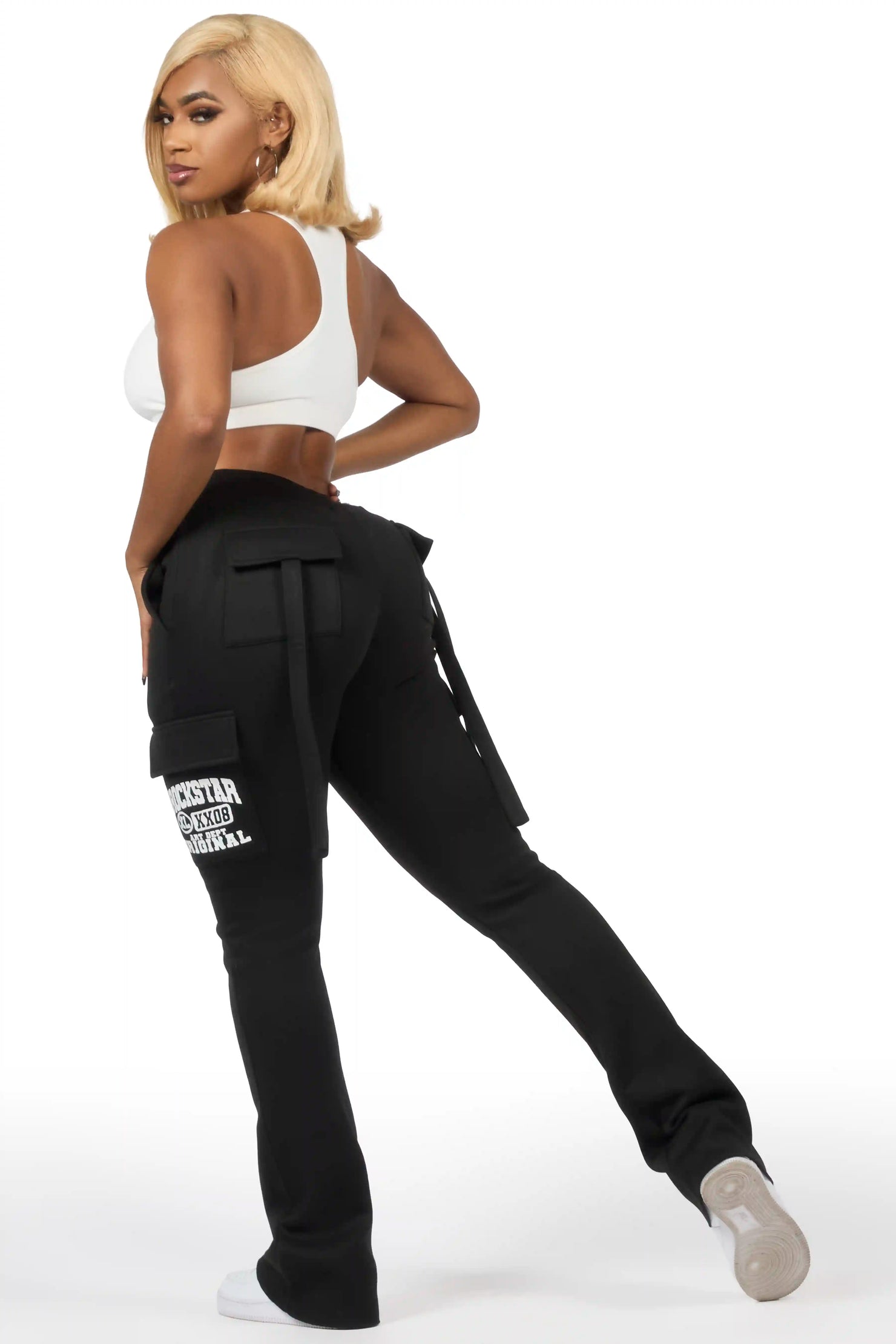 Elandira Black Cargo Stacked Track Pant