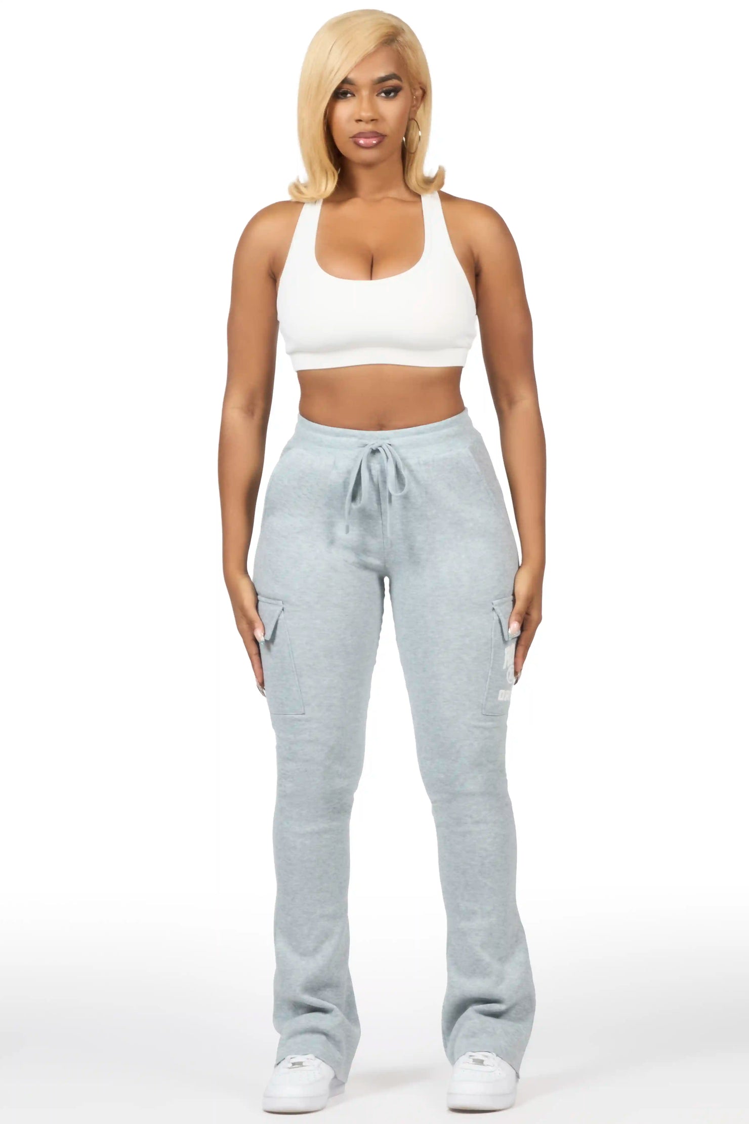 Elandira Heather Grey Cargo Stacked Track Pant