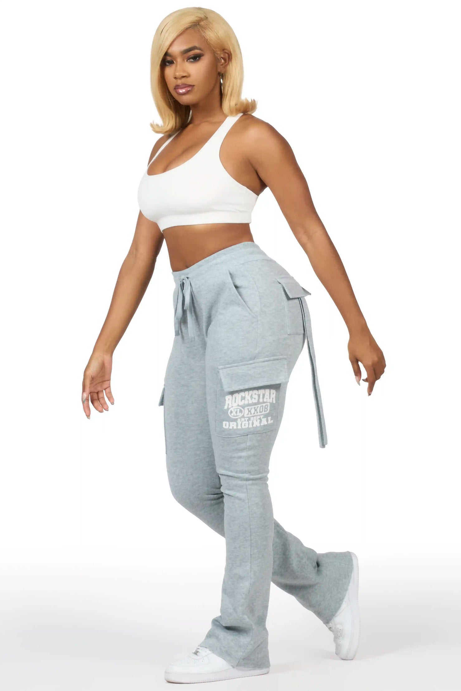 Elandira Heather Grey Cargo Stacked Track Pant