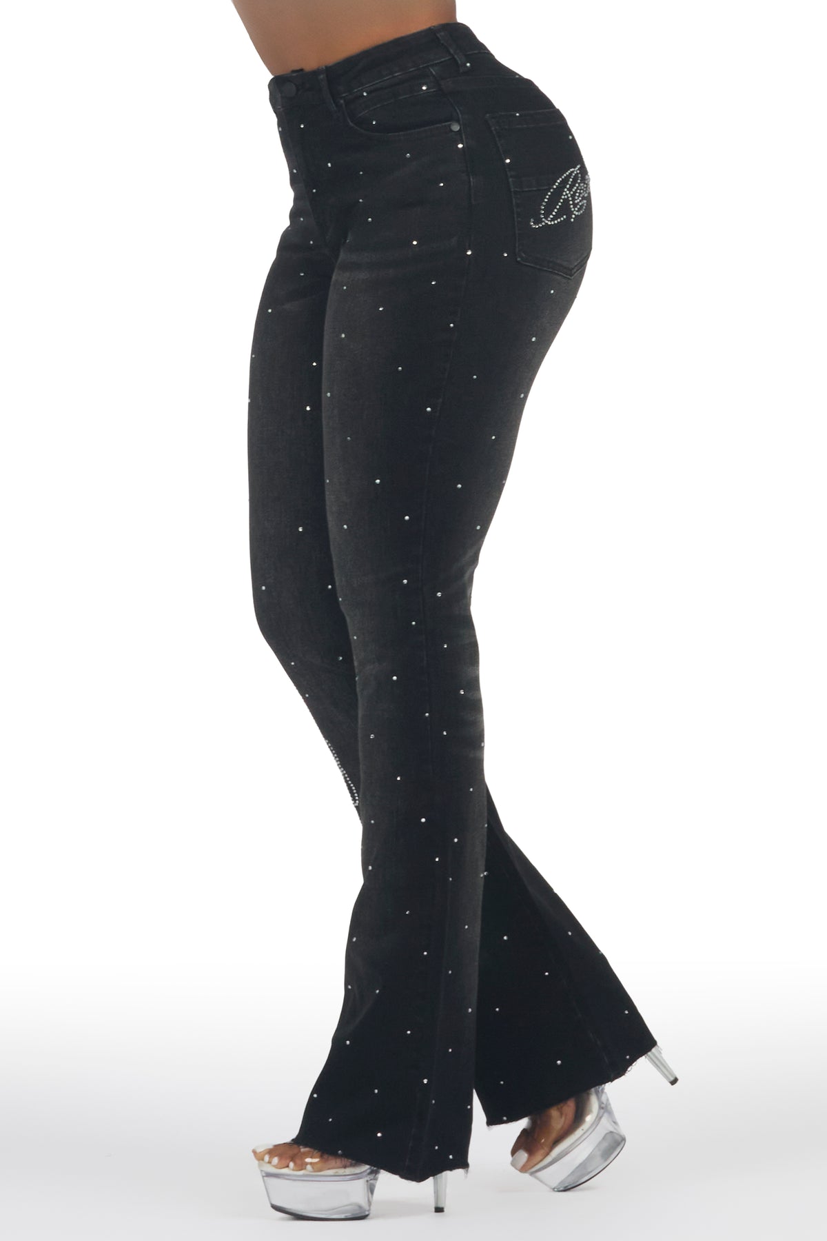 Chanteal Black Rhinestone Stacked Flare Jean
