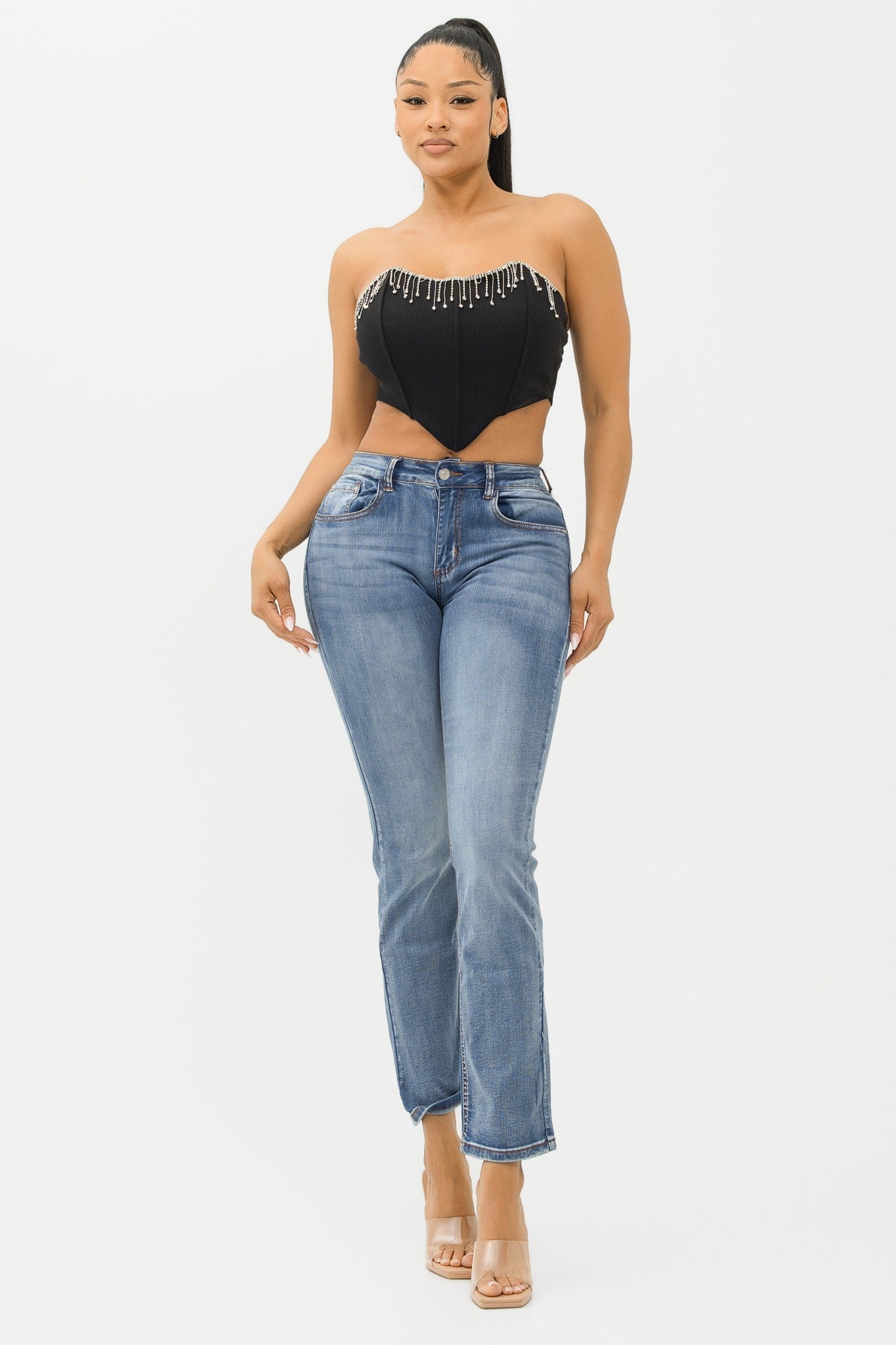 Skyy Black Rhinestone Fringe Corset Top