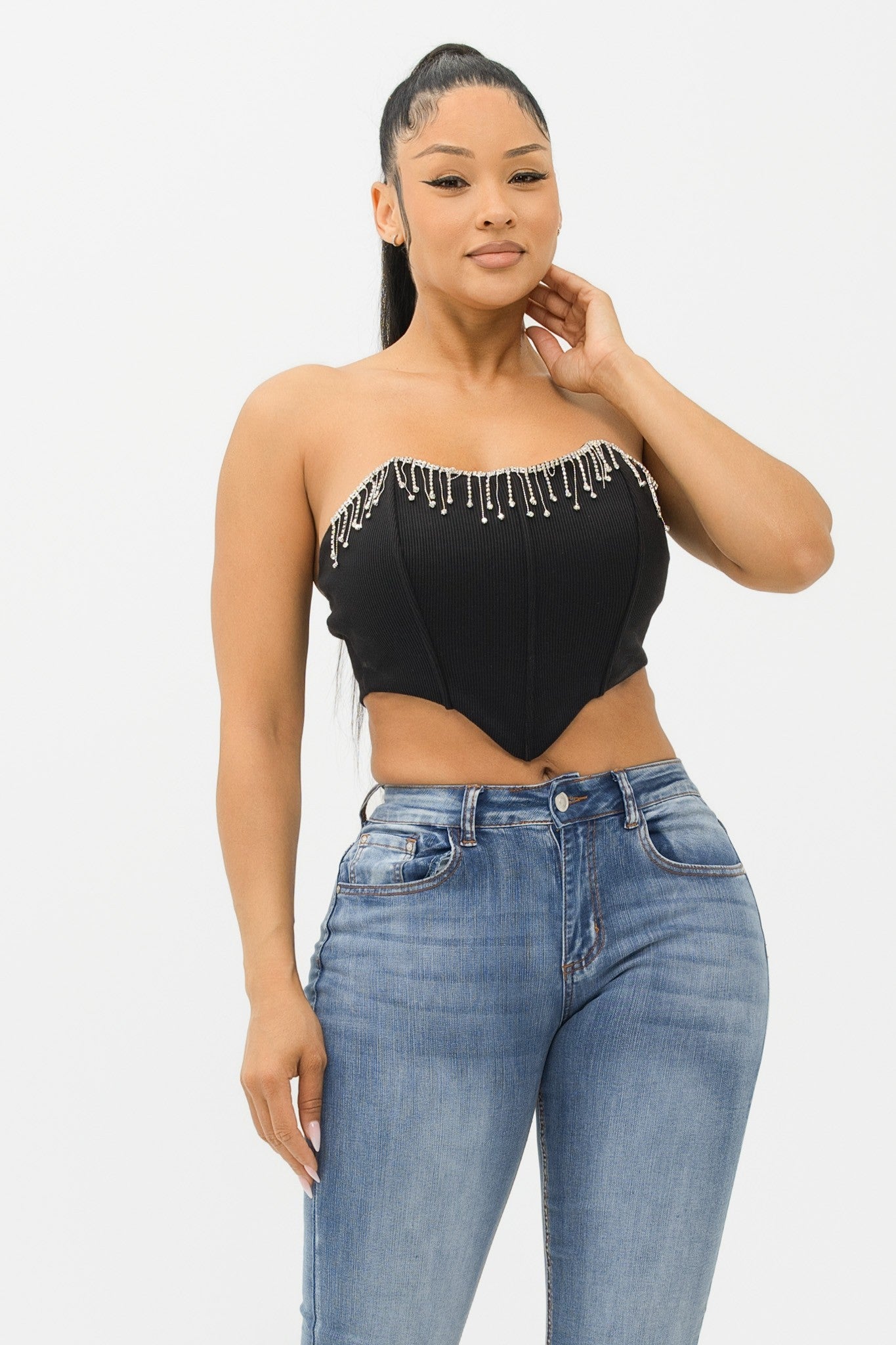 Skyy Black Rhinestone Fringe Corset Top