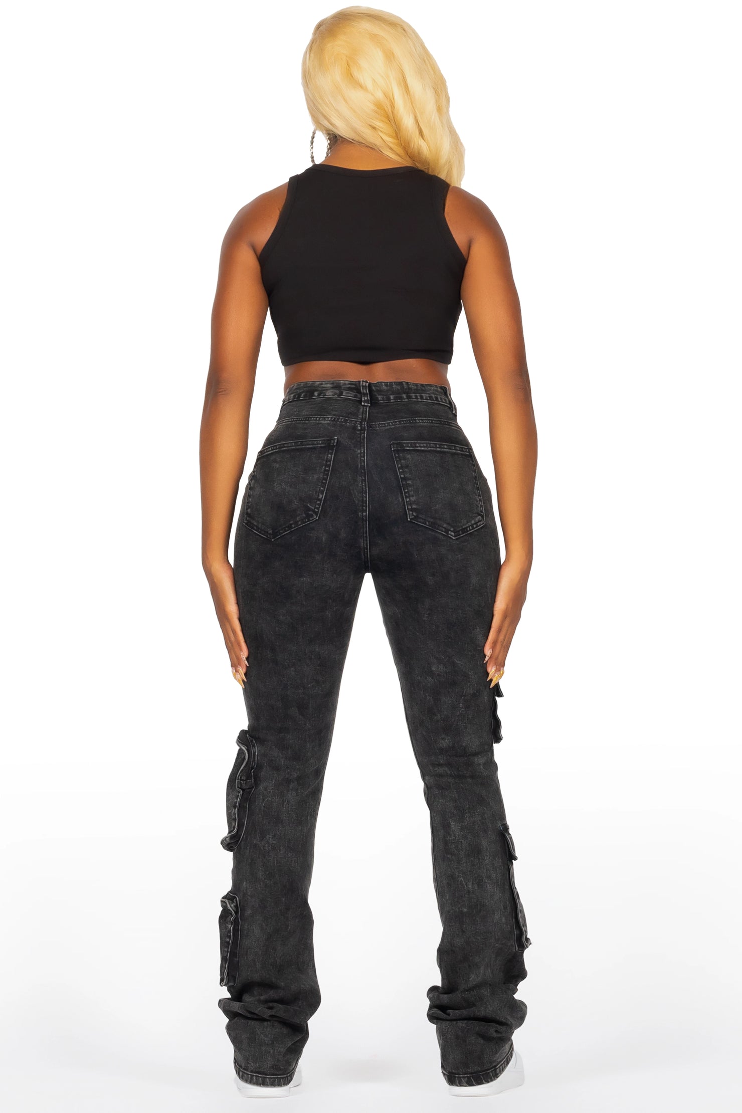 Symone Black Wash Cargo Stacked Flare Jean