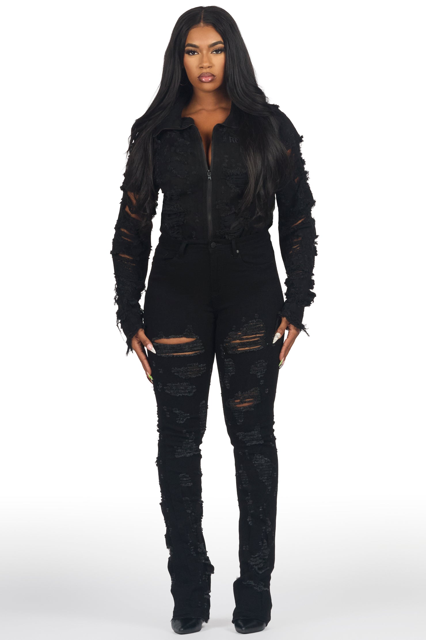 Fara Black Denim Jacket & Fara Stacked Jean Set