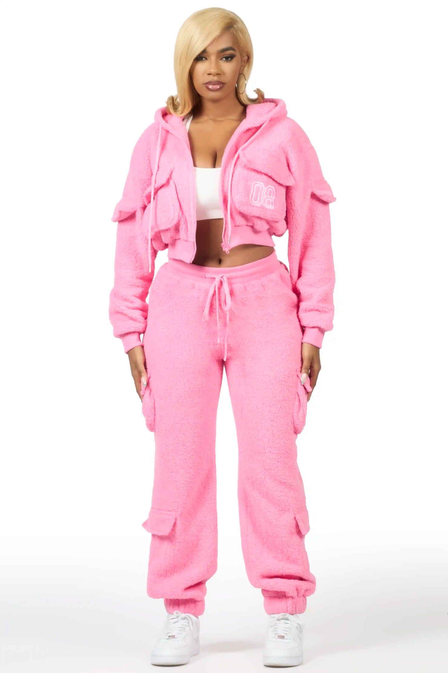 Renea Pink Sherpa Cargo Baggy Fit Track Set