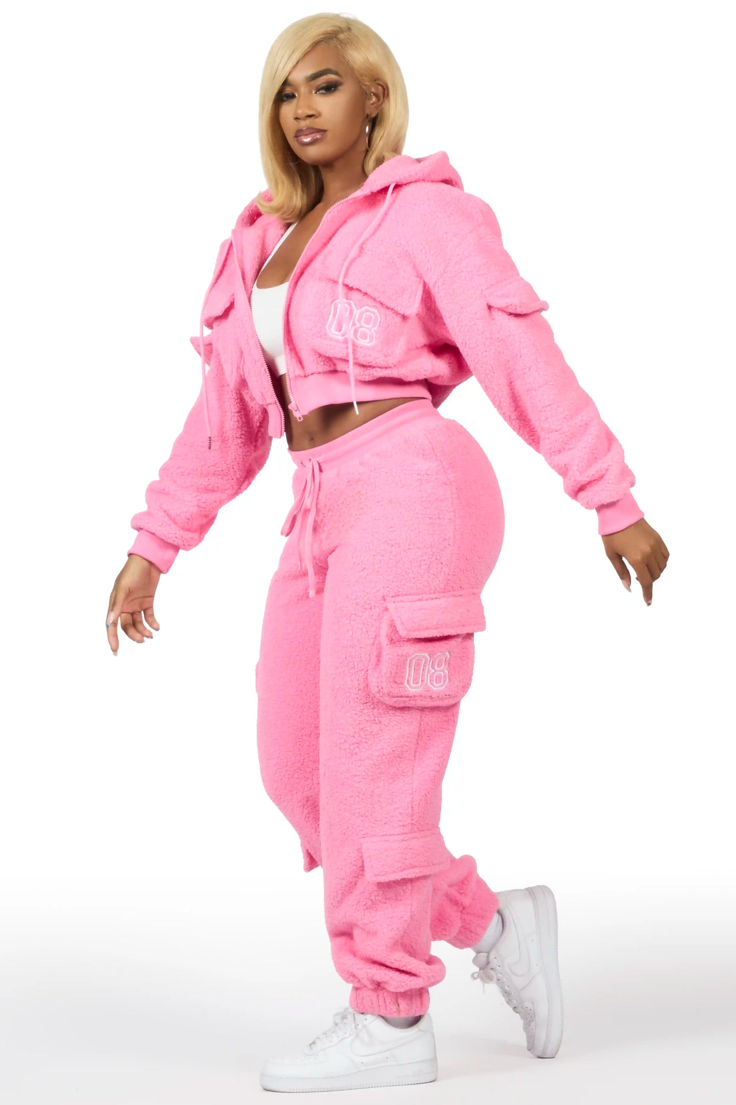 Renea Pink Sherpa Cargo Baggy Fit Track Set
