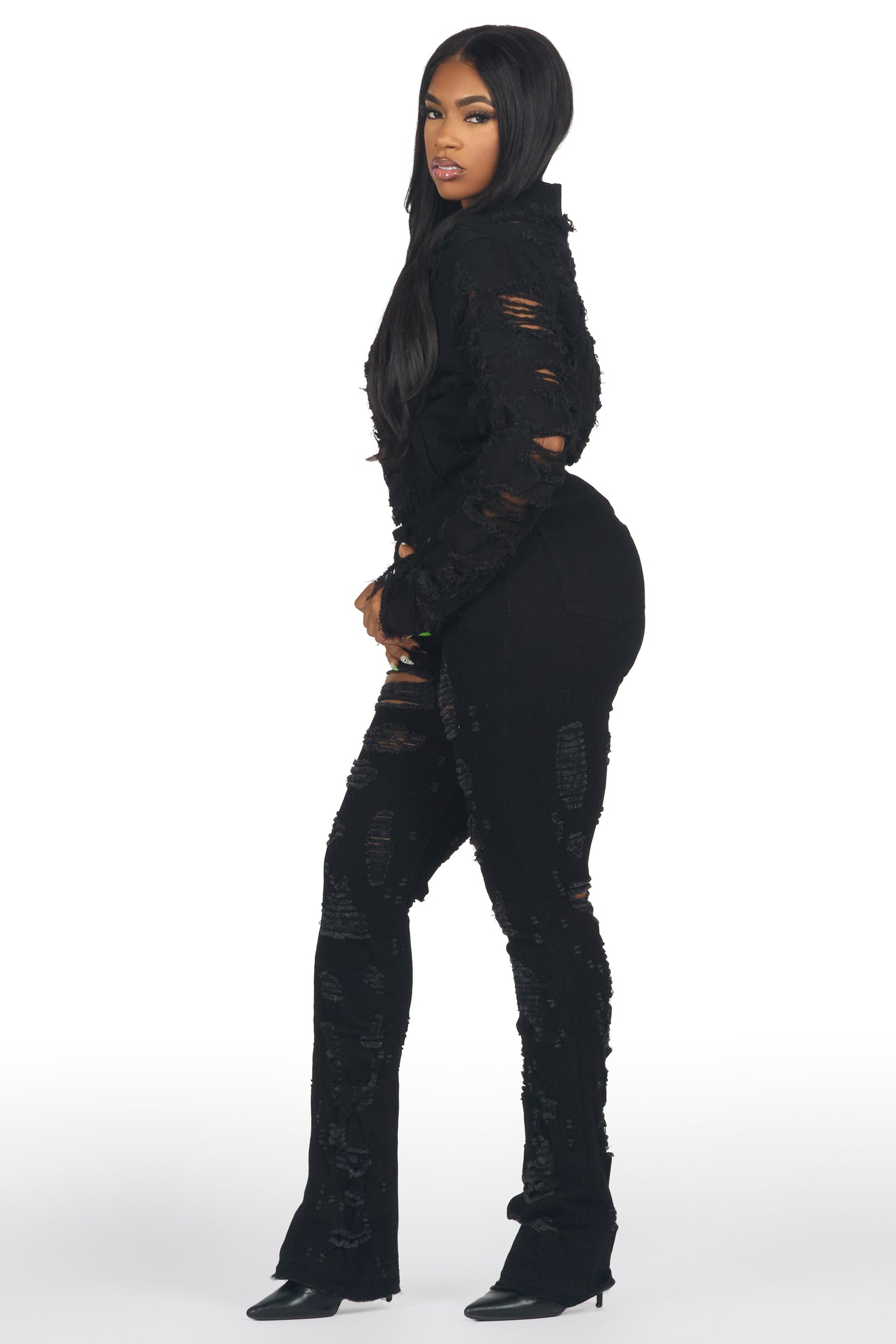Fara Black Denim Jacket & Fara Stacked Jean Set