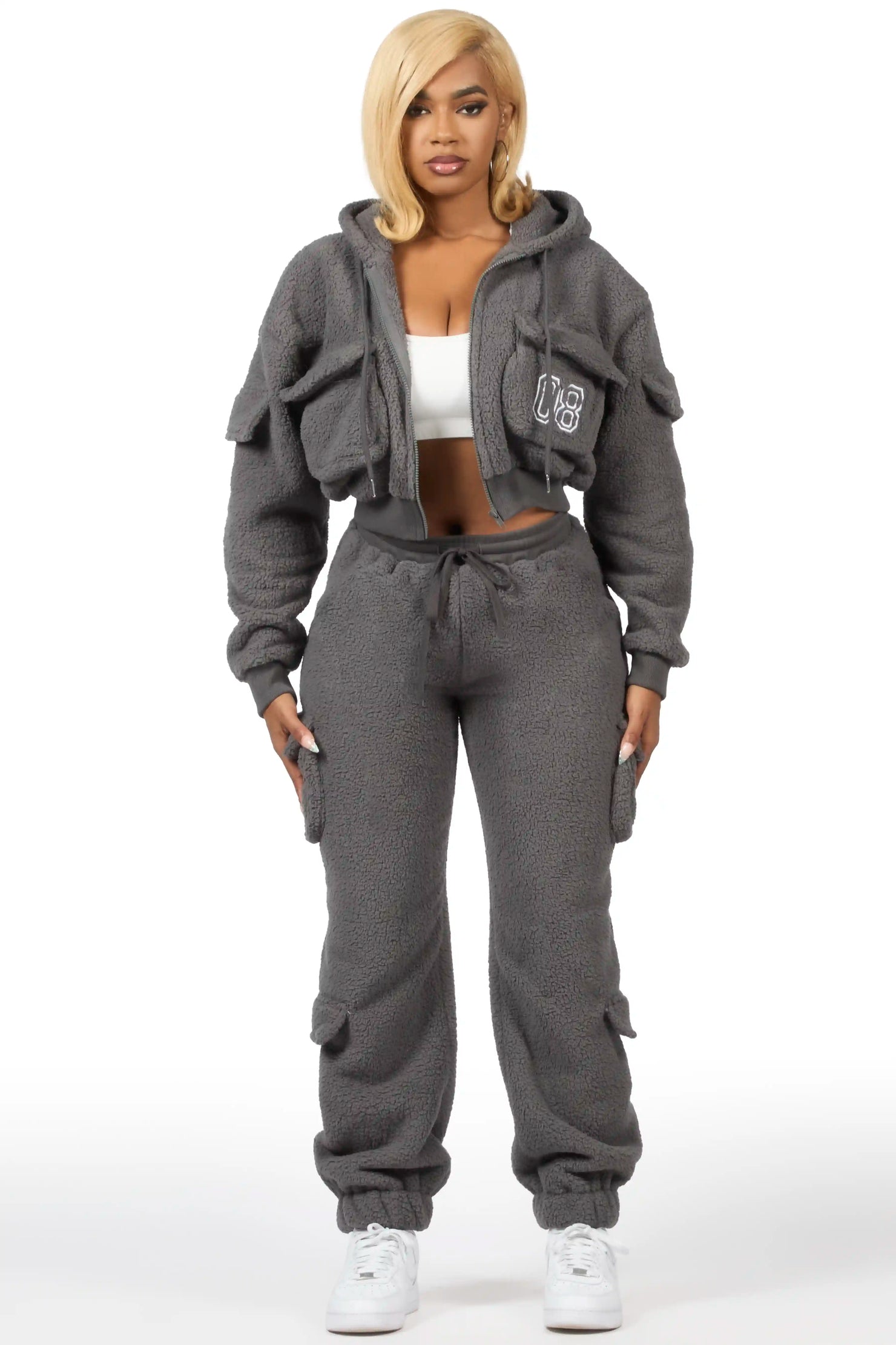 Renea Grey Sherpa Cargo Baggy Fit Track Set