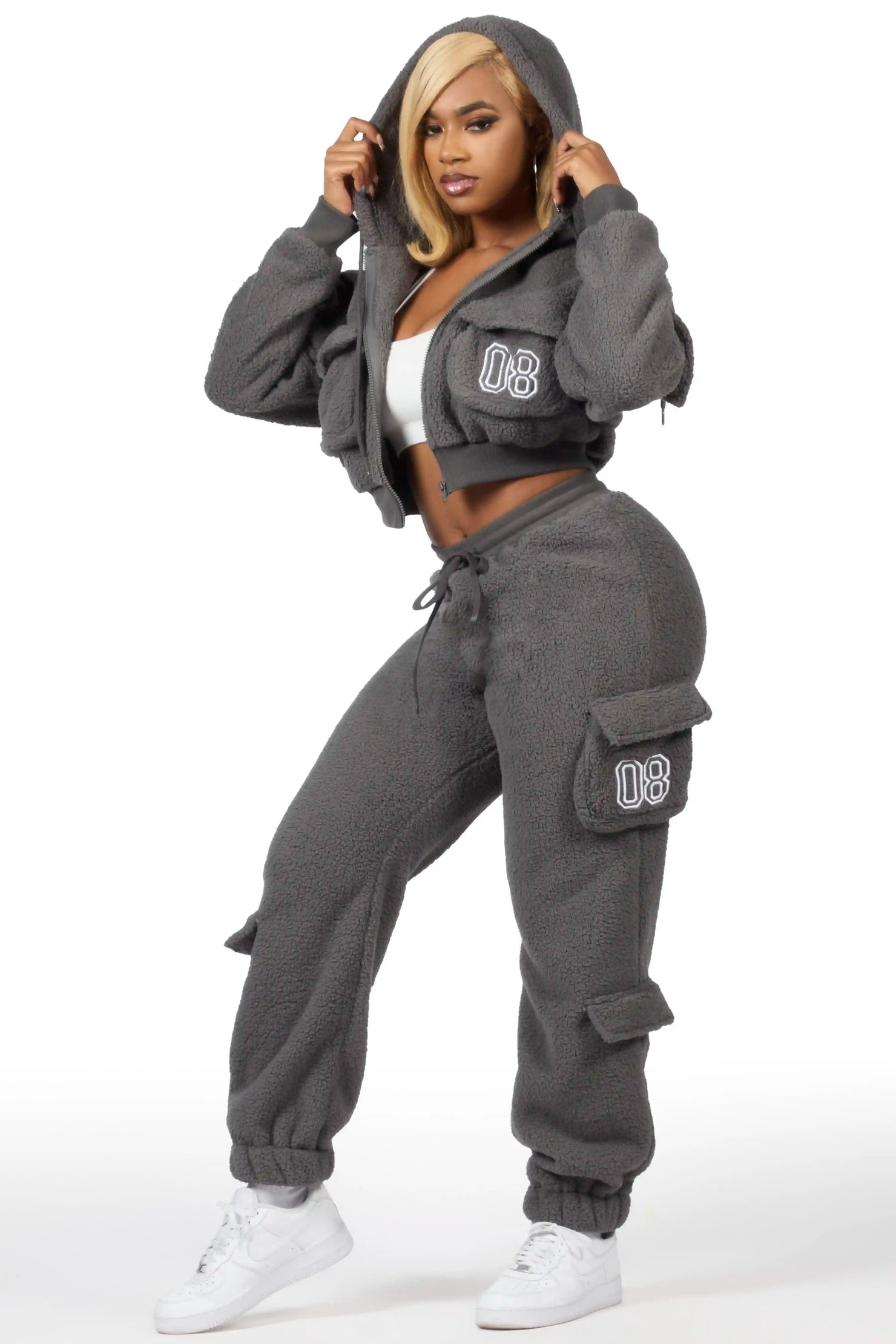 Renea Grey Sherpa Cargo Baggy Fit Track Set