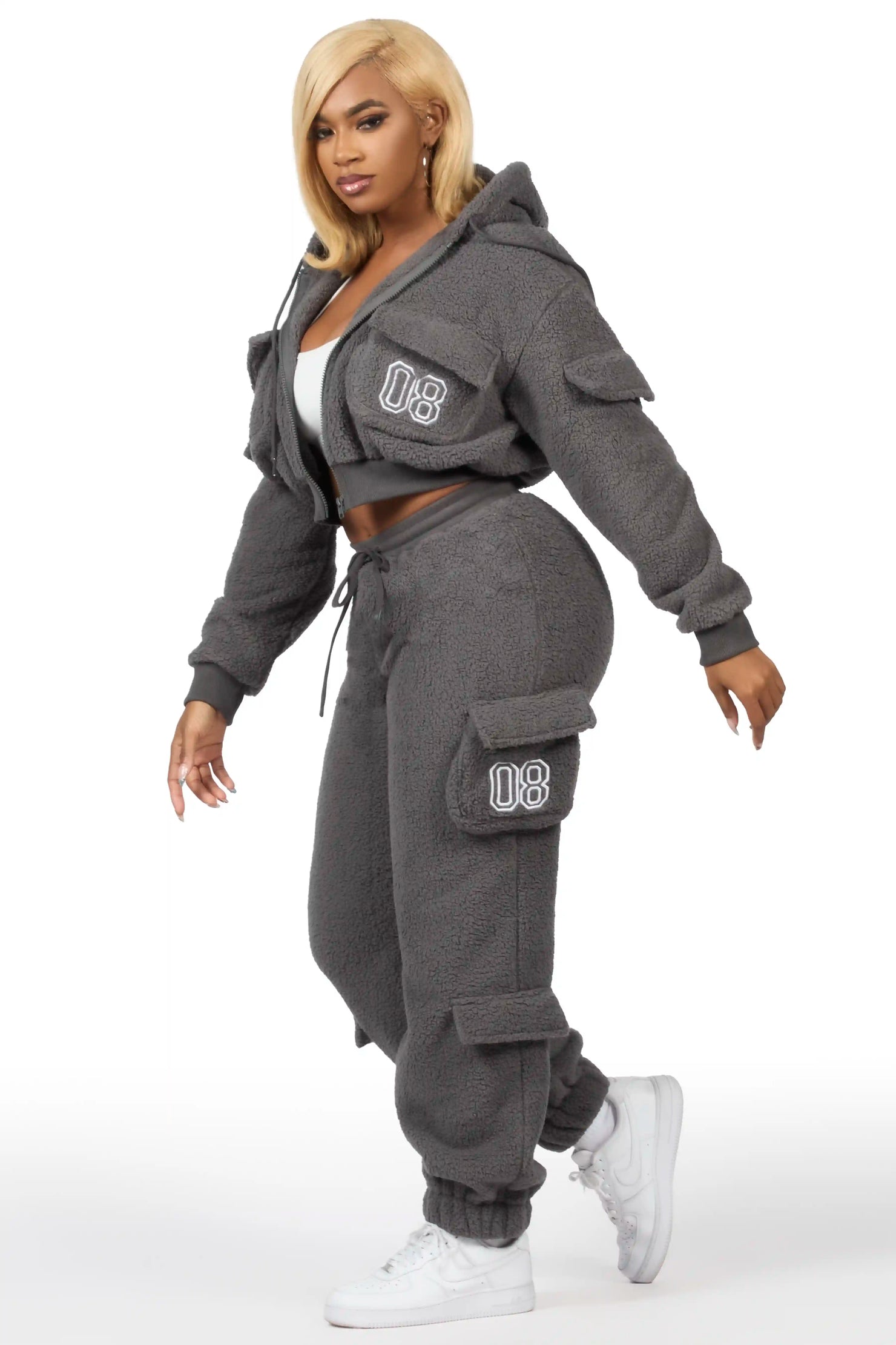 Renea Grey Sherpa Cargo Baggy Fit Track Set