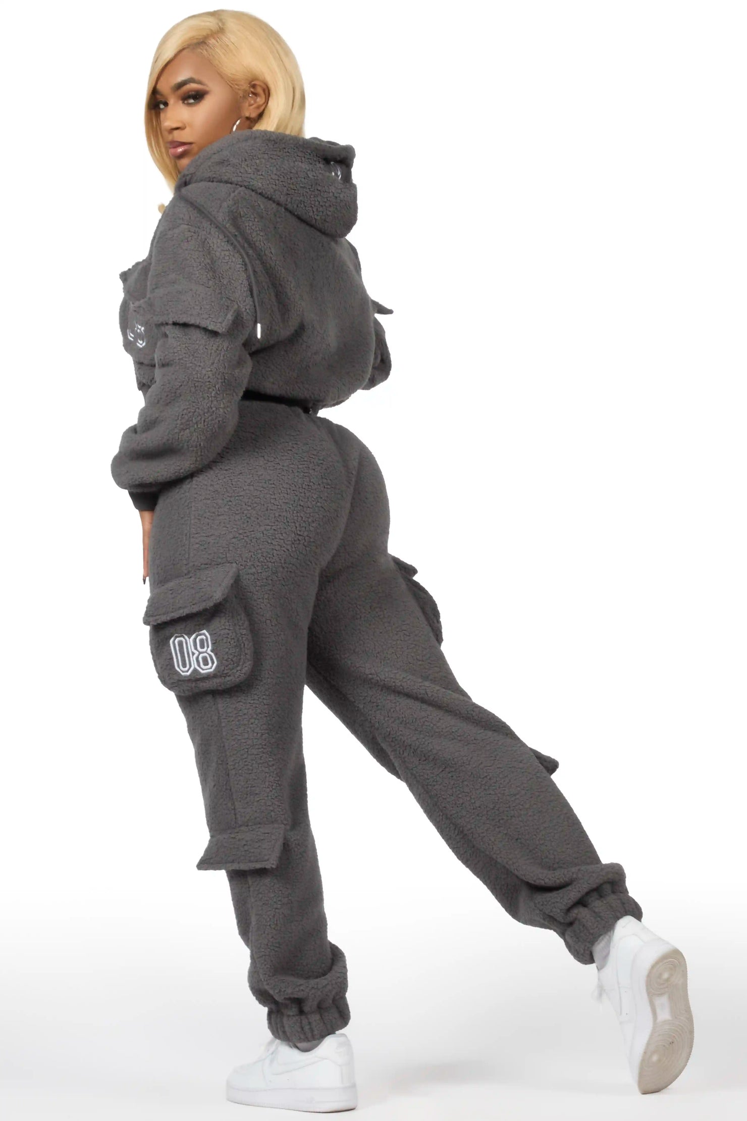 Renea Grey Sherpa Cargo Baggy Fit Track Set