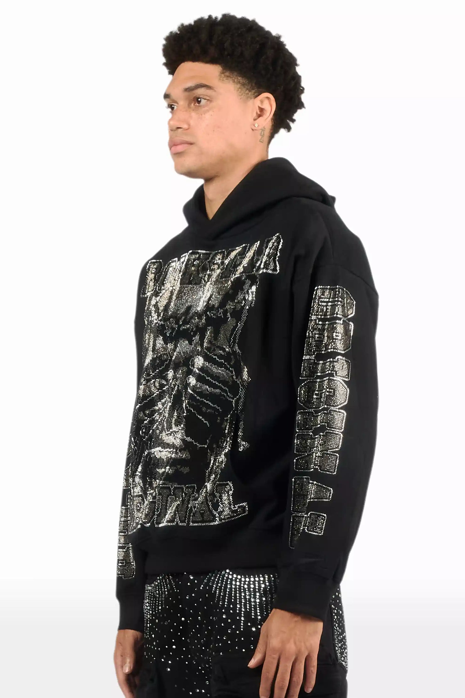 Move In Silence Black Rhinestone Oversized Hoodie
