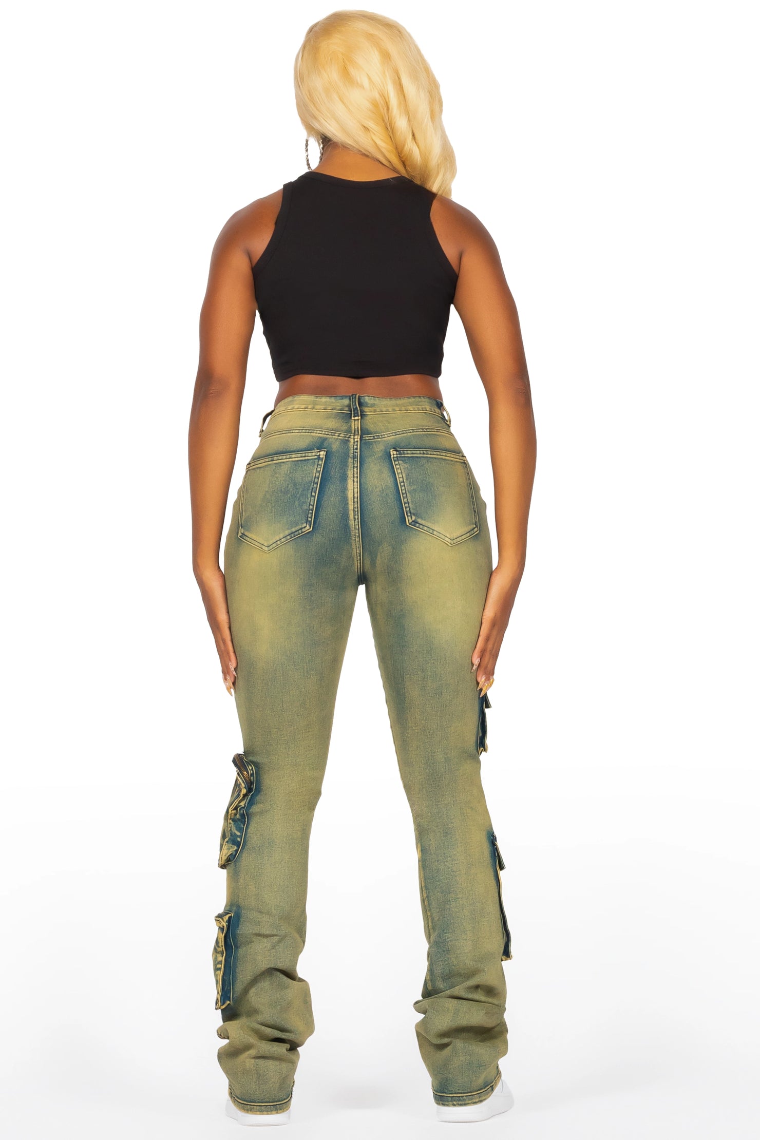 Symone Tinted Dark Wash Cargo Stacked Flare Jean