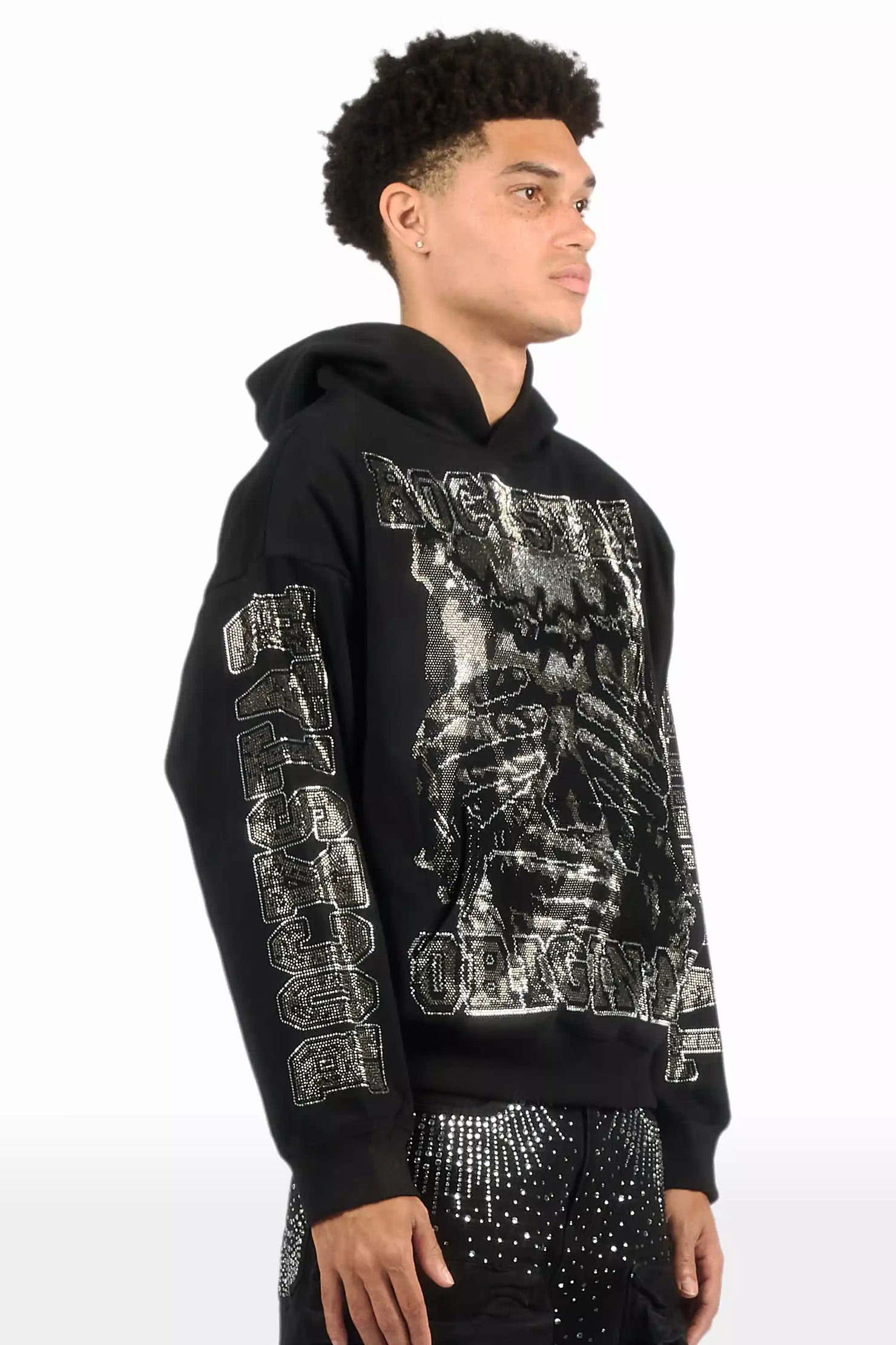 Move In Silence Black Rhinestone Oversized Hoodie