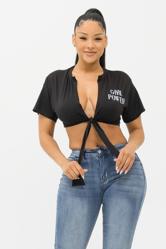Marvella Black Tie Front Short Sleeve Tee Shirt