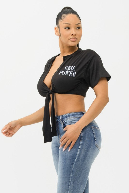 Marvella Black Tie Front Short Sleeve Tee Shirt