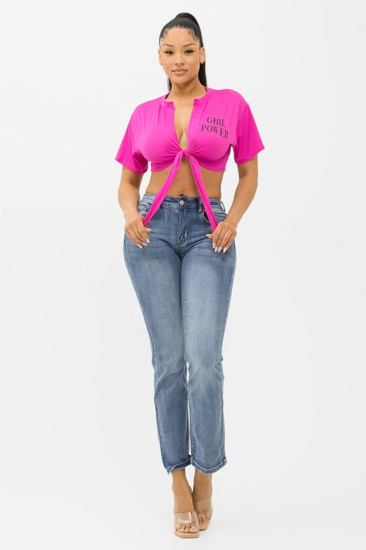Marvella Fuchsia Tie Front Short Sleeve Tee Shirt