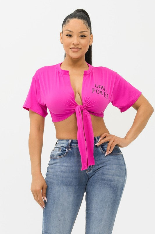 Marvella Fuchsia Tie Front Short Sleeve Tee Shirt