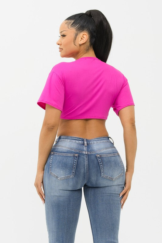 Marvella Fuchsia Tie Front Short Sleeve Tee Shirt