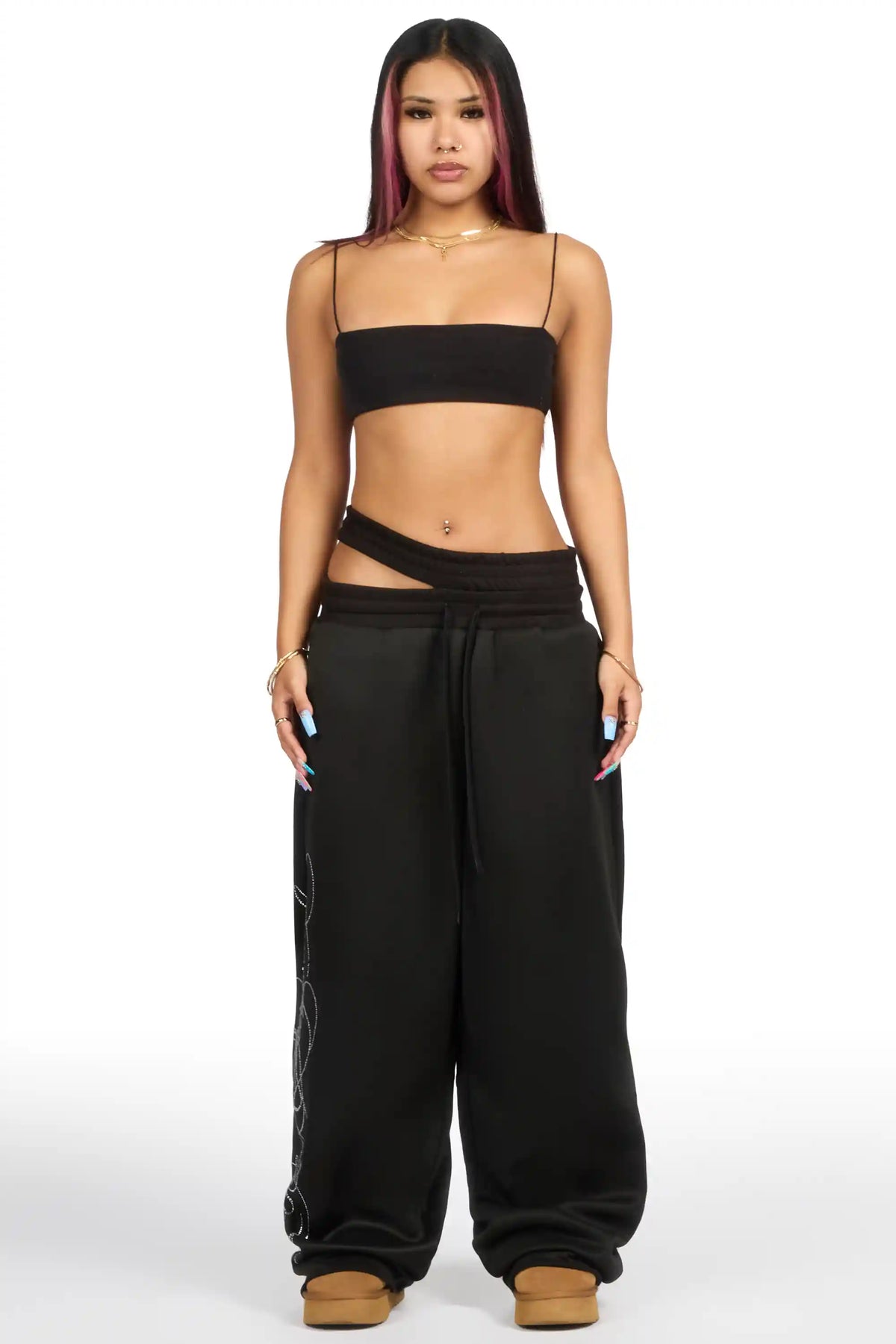 Sharhonda Black Rhinestone Baggy Track Pant