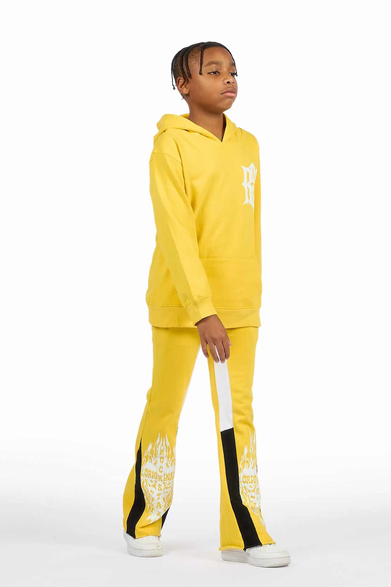 Boys Lyrex Yellow/White Hoodie/Stacked Flare Track Set