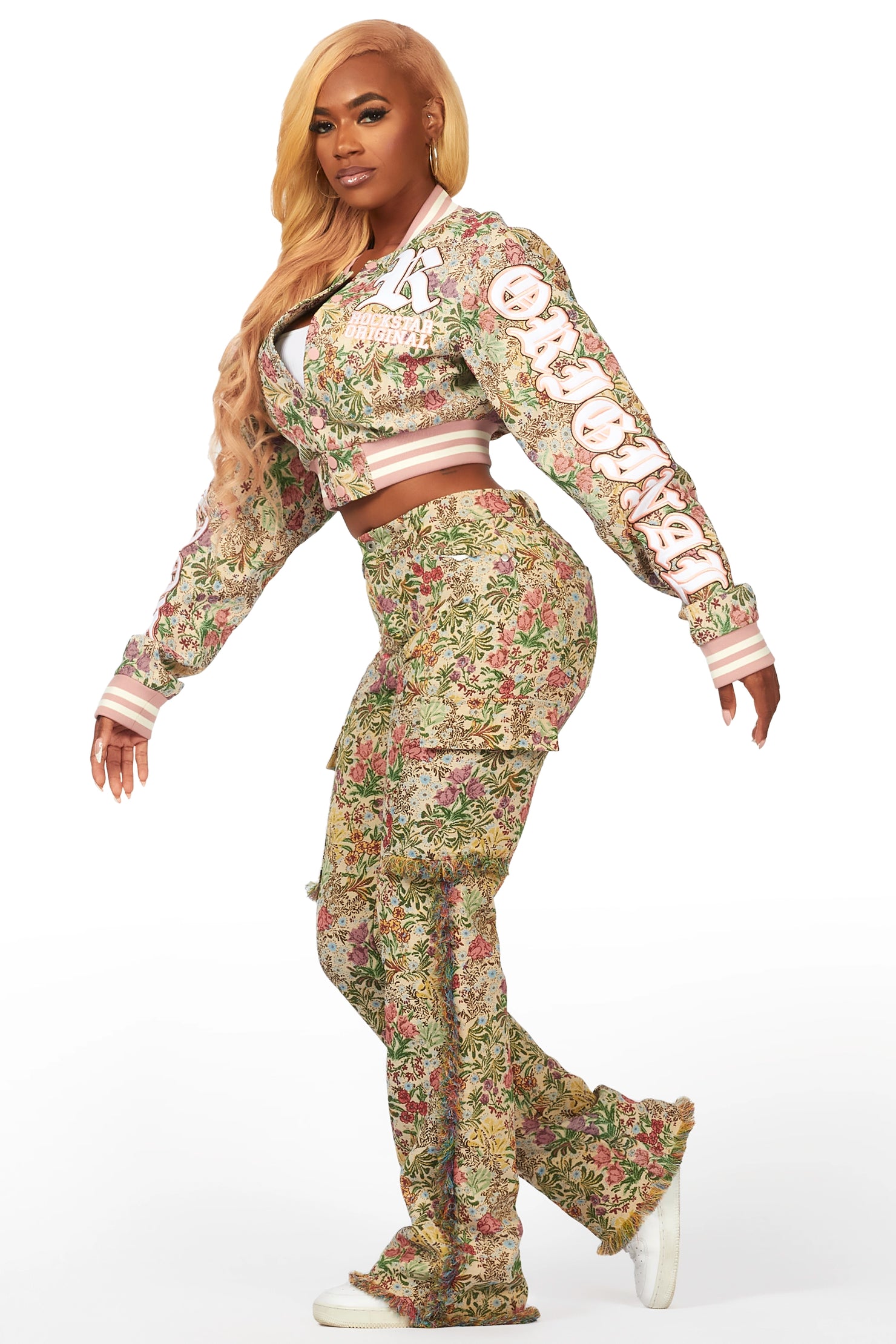 Tamia Beige Crop Tapestry Varsity Jacket