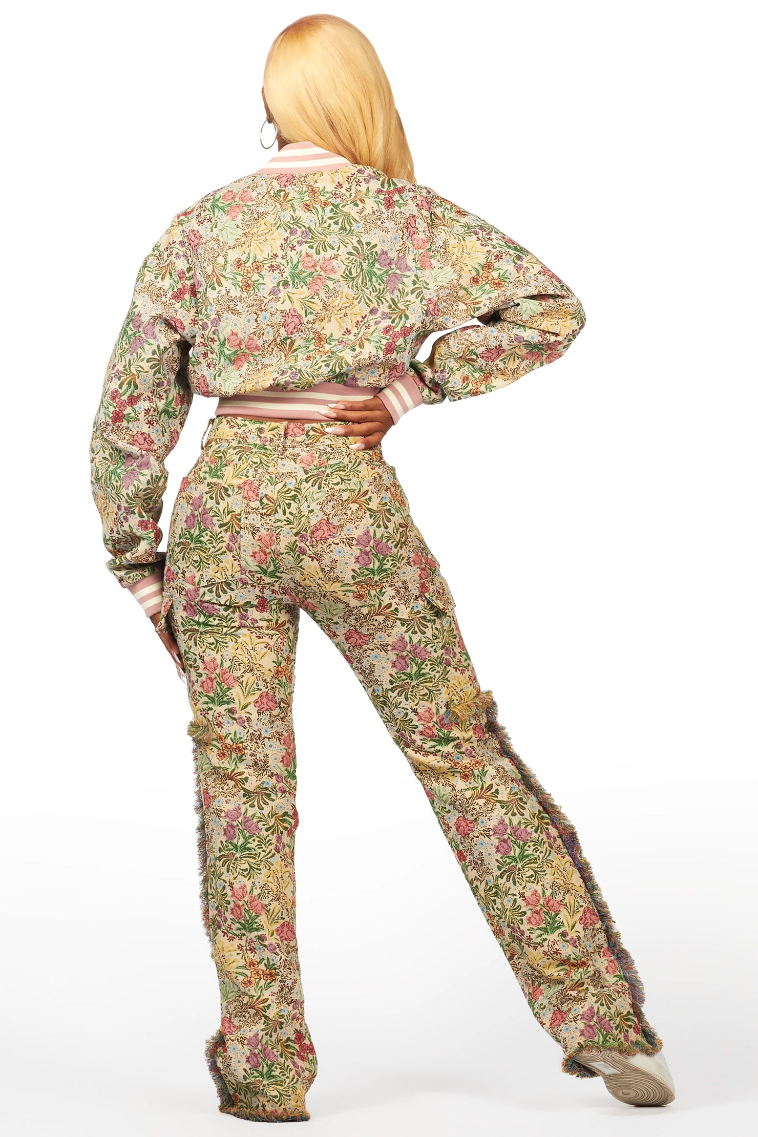 Tamia Beige Crop Tapestry Varsity Jacket