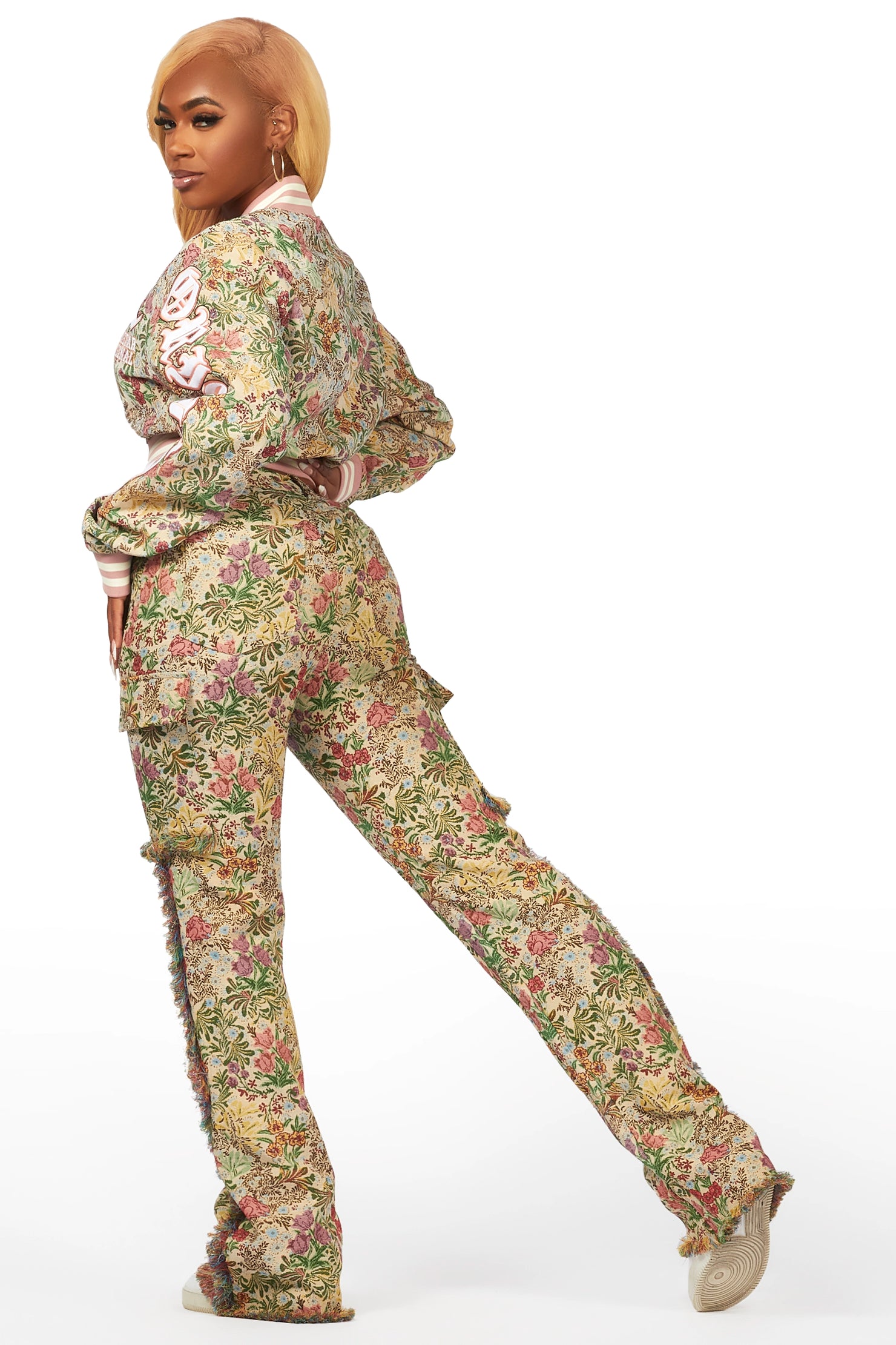 Tamia Beige Crop Tapestry Varsity Jacket