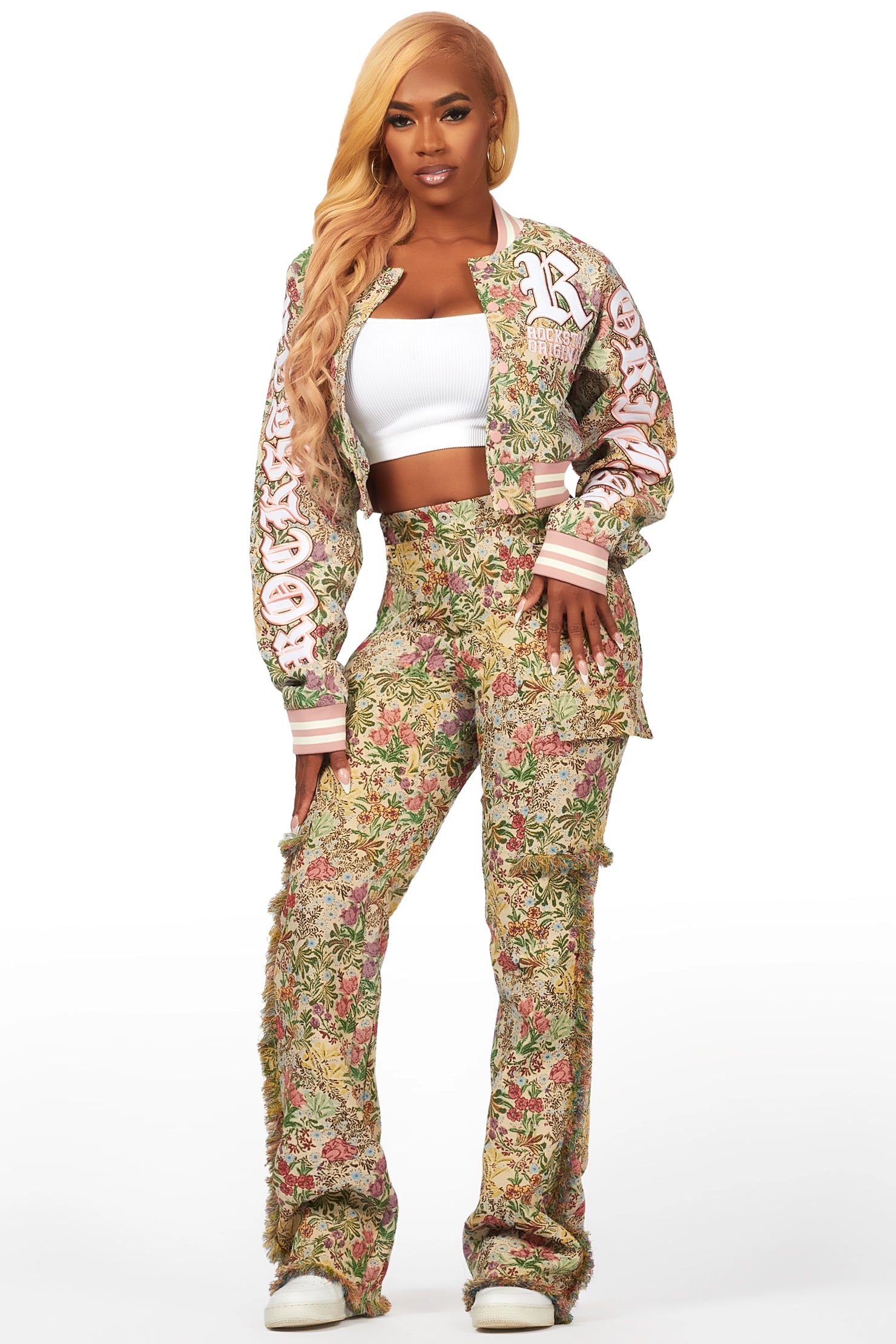 Tamia Beige Crop Tapestry Varsity Jacket