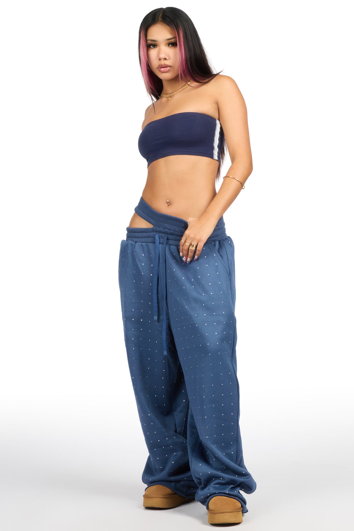 Montaque Navy Rhinestone Baggy Track Pant