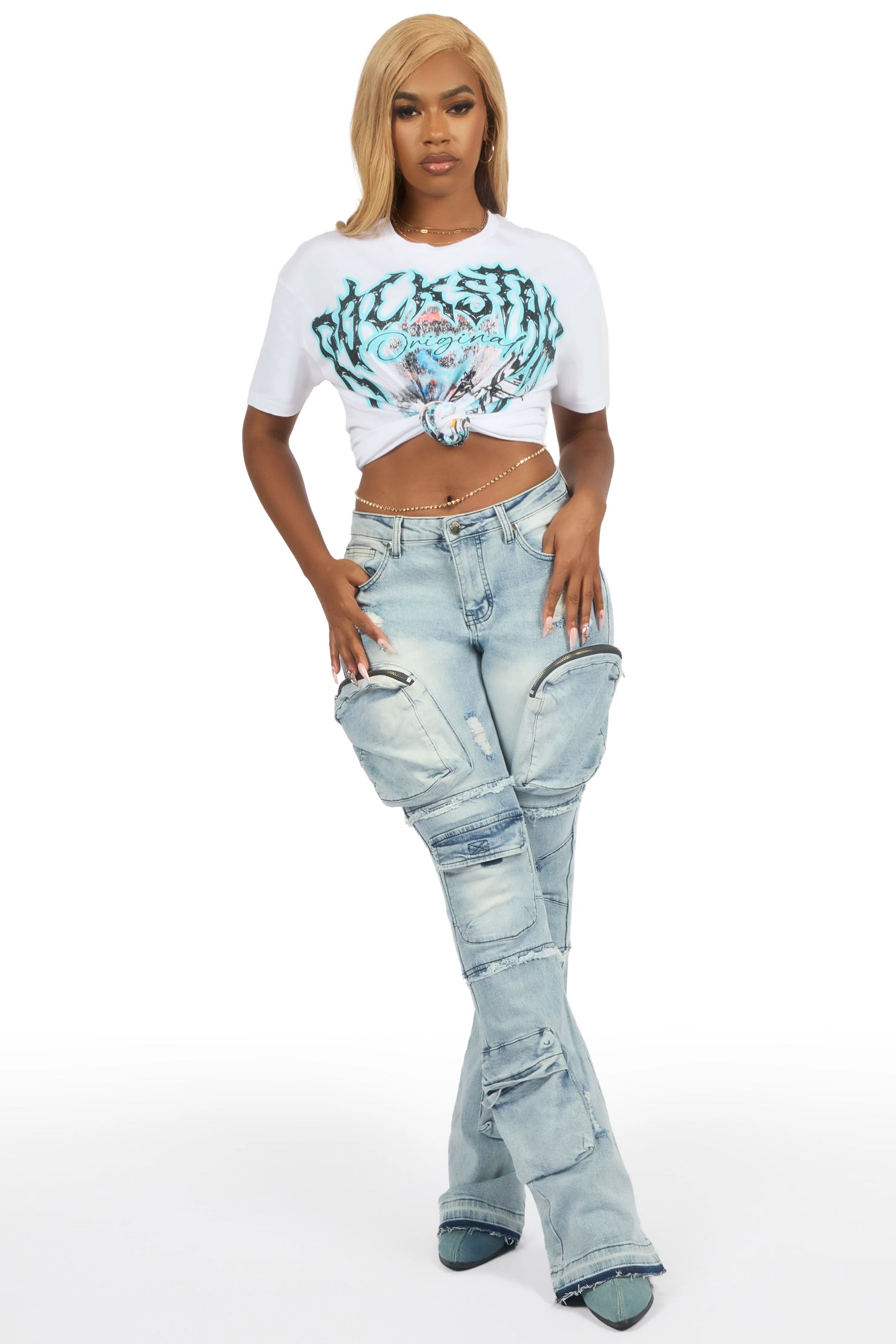 Terrina White Tee & Toniesha Light Wash Jean Set