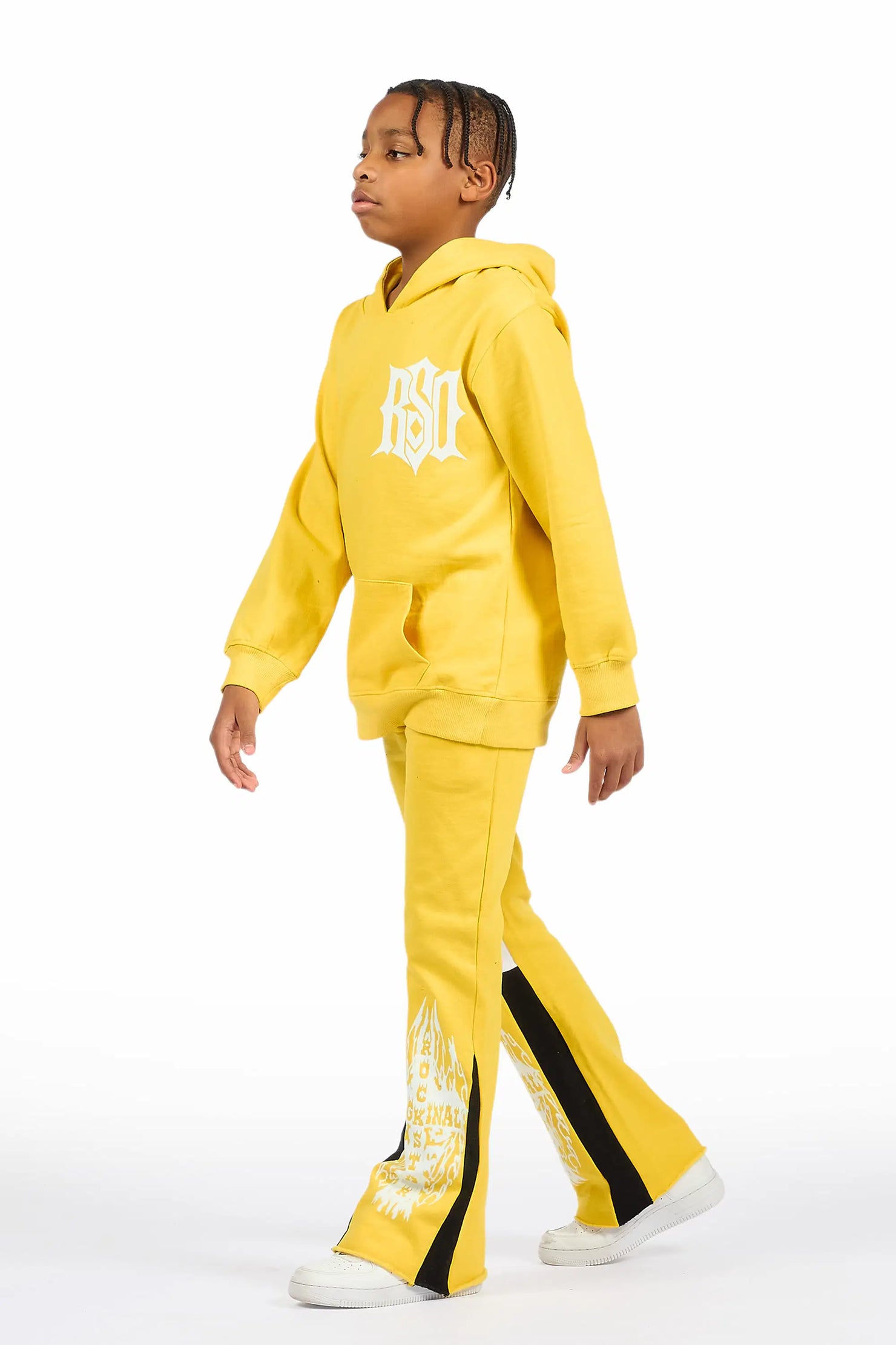 Boys Lyrex Yellow/White Hoodie/Stacked Flare Track Set