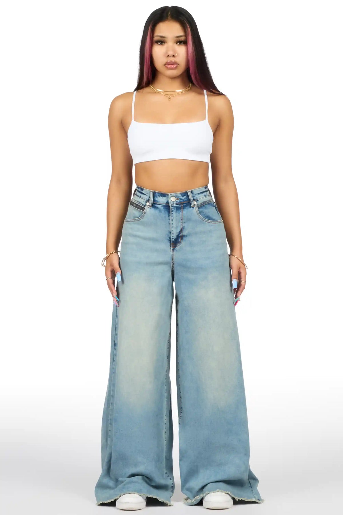Cegaria Light Wash High Rise Elastic Back Stretch Baggy Jean
