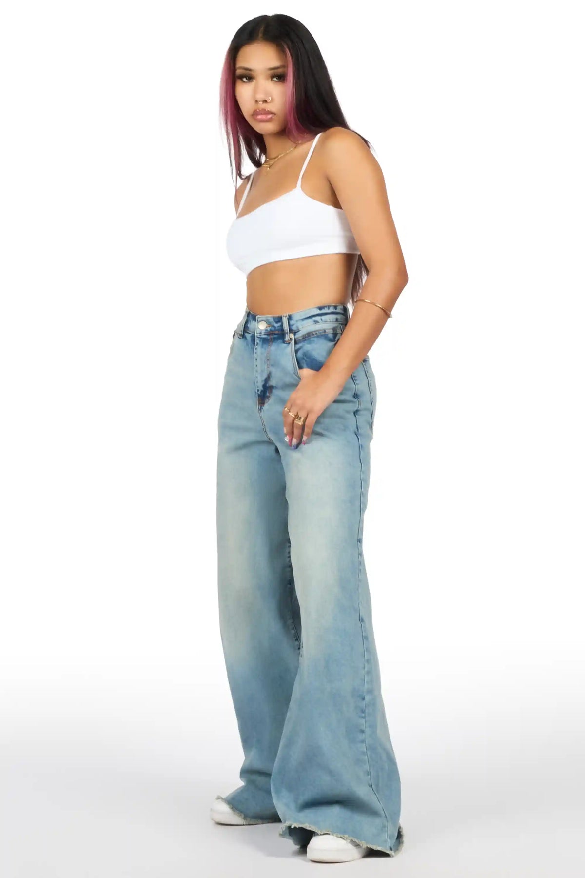 Cegaria Light Wash High Rise Elastic Back Stretch Baggy Jean