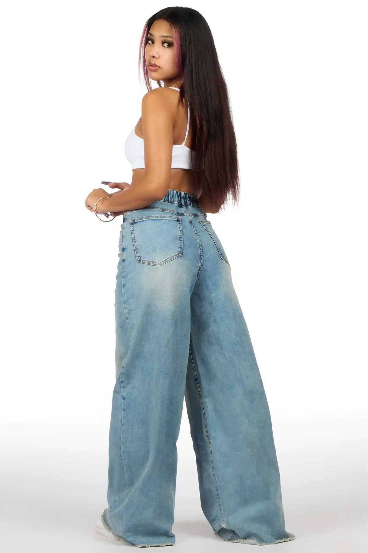 Cegaria Light Wash High Rise Elastic Back Stretch Baggy Jean