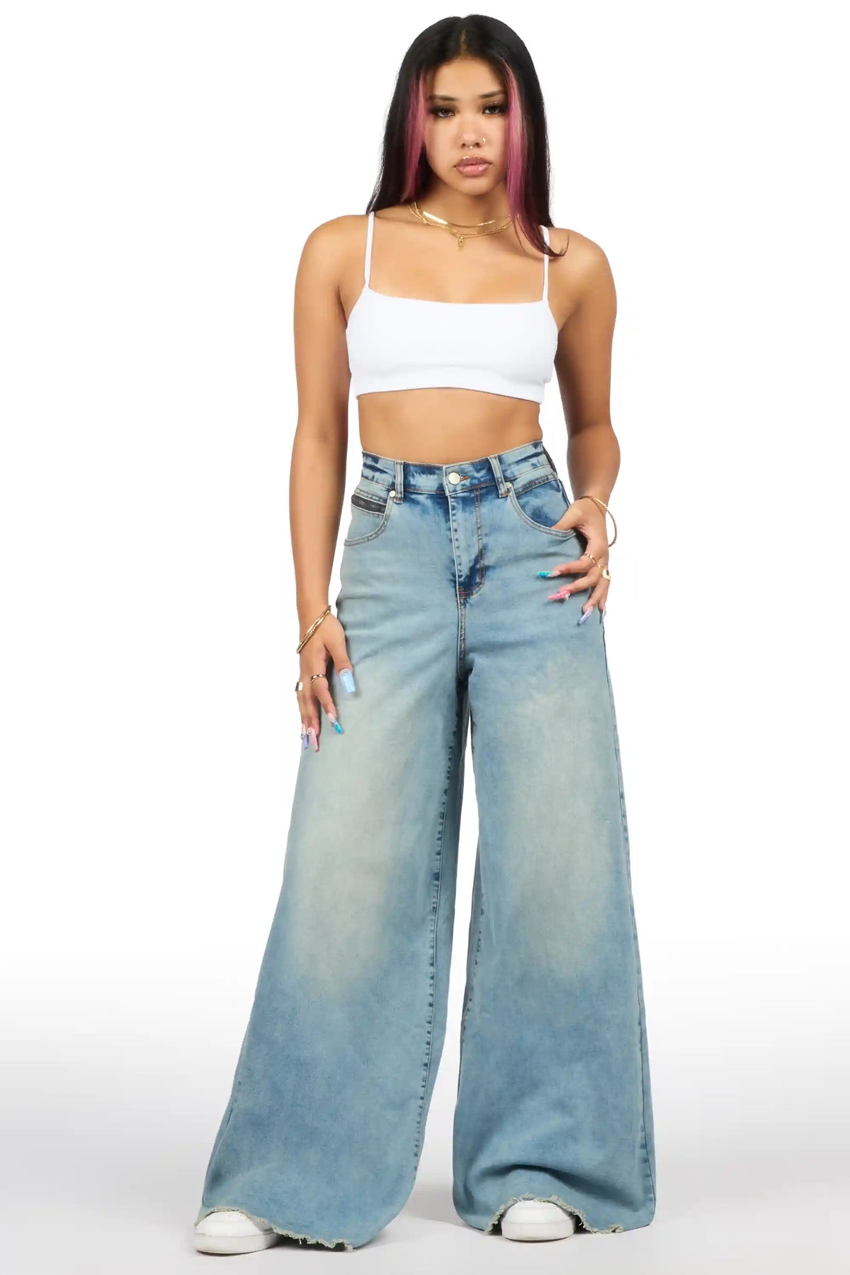 Cegaria Light Wash High Rise Elastic Back Stretch Baggy Jean