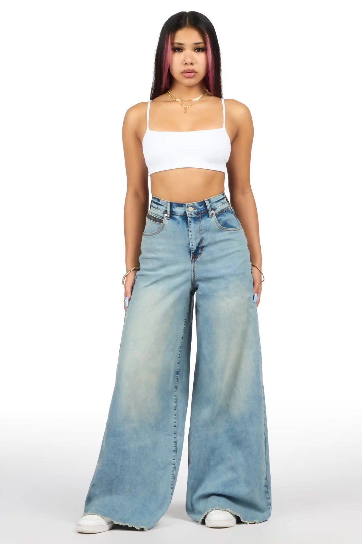 Cegaria Light Wash High Rise Elastic Back Stretch Baggy Jean