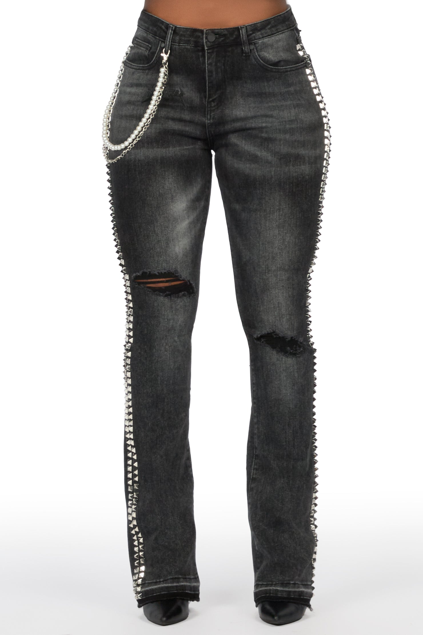 Shaquayla Black Studded Stacked Flare Jean