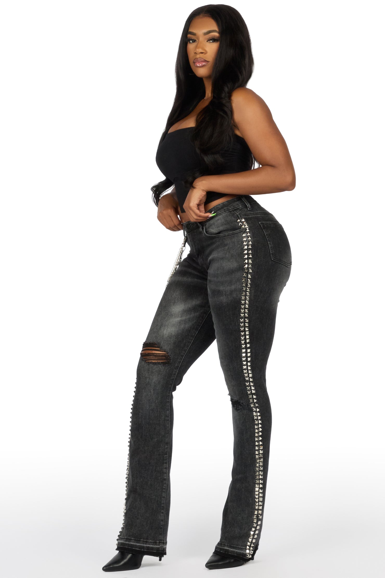 Shaquayla Black Studded Stacked Flare Jean