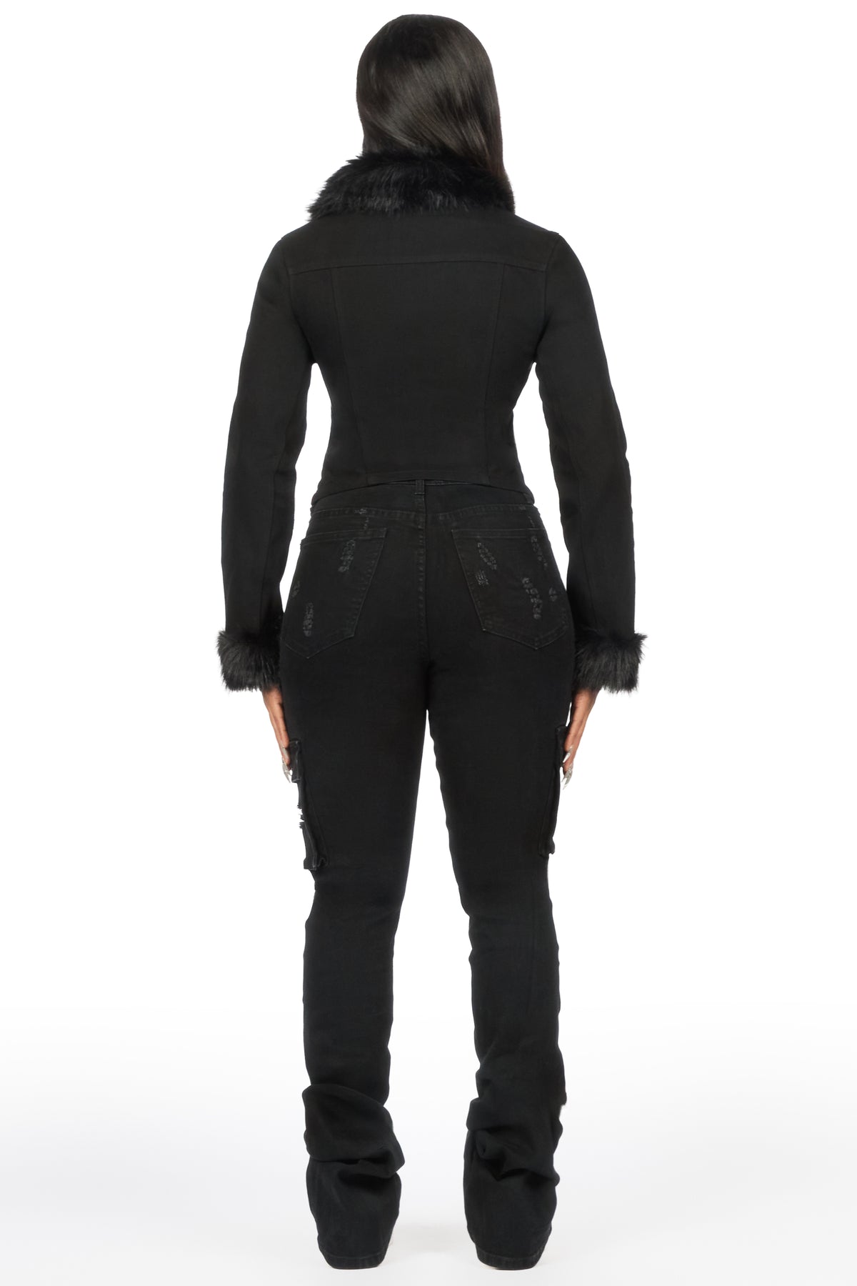 Berenize Black Denim Jacket With Fur Trim