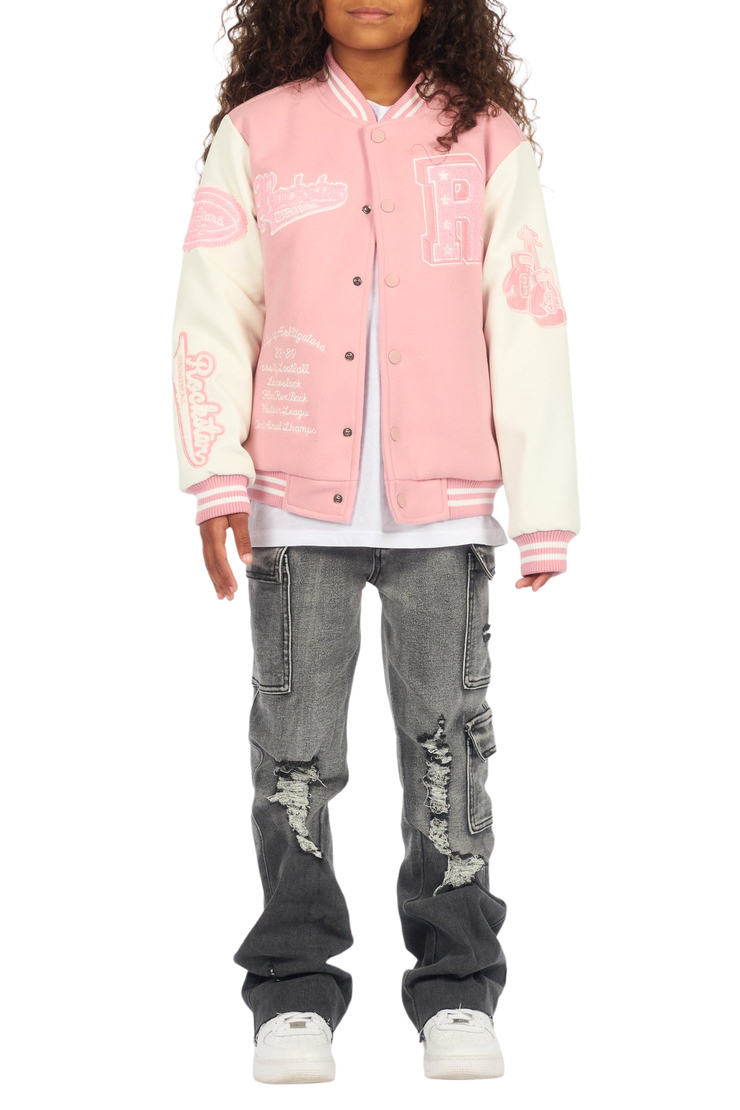 Girls Rosalyn Pink/White Varsity Jacket