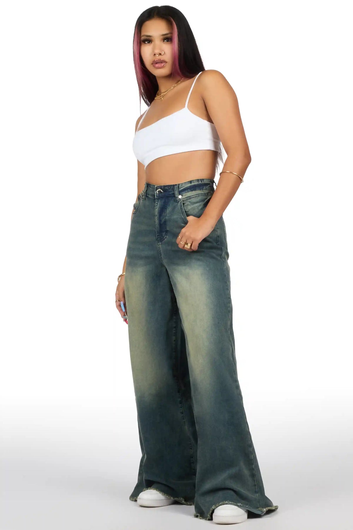 Cegaria Tint Wash High Rise Elastic Back Stretch Baggy Jean