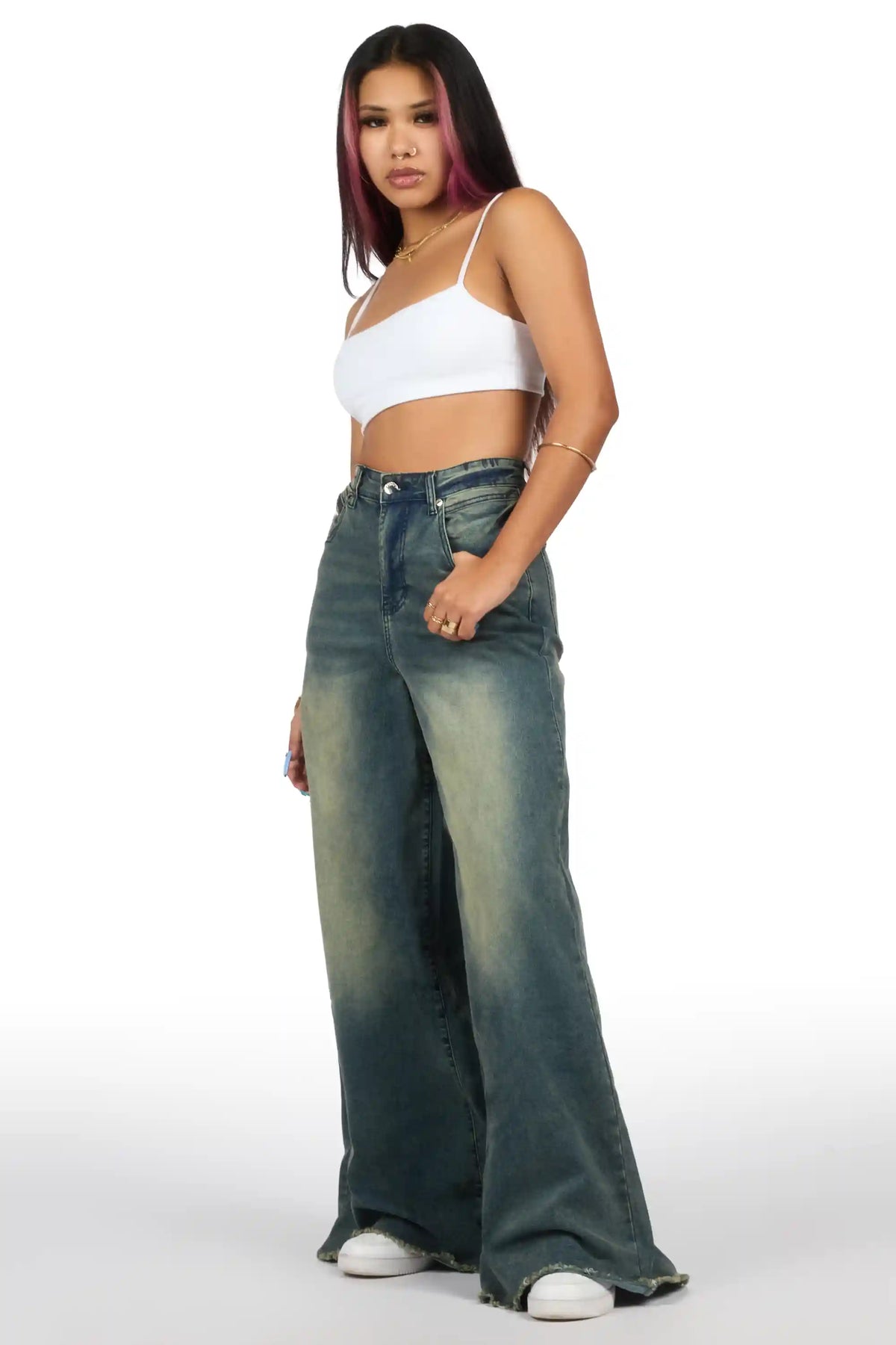 Cegaria Tint Wash High Rise Elastic Back Stretch Baggy Jean