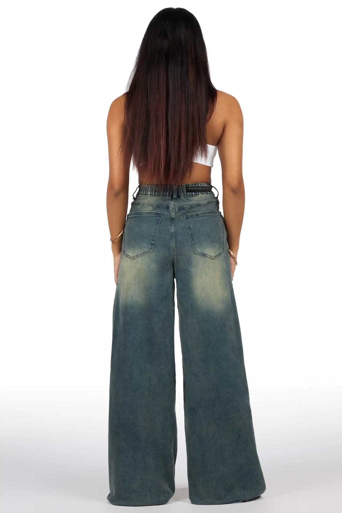 Cegaria Tint Wash High Rise Elastic Back Stretch Baggy Jean