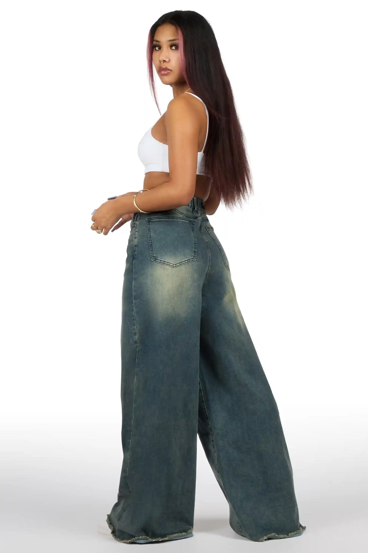 Cegaria Tint Wash High Rise Elastic Back Stretch Baggy Jean