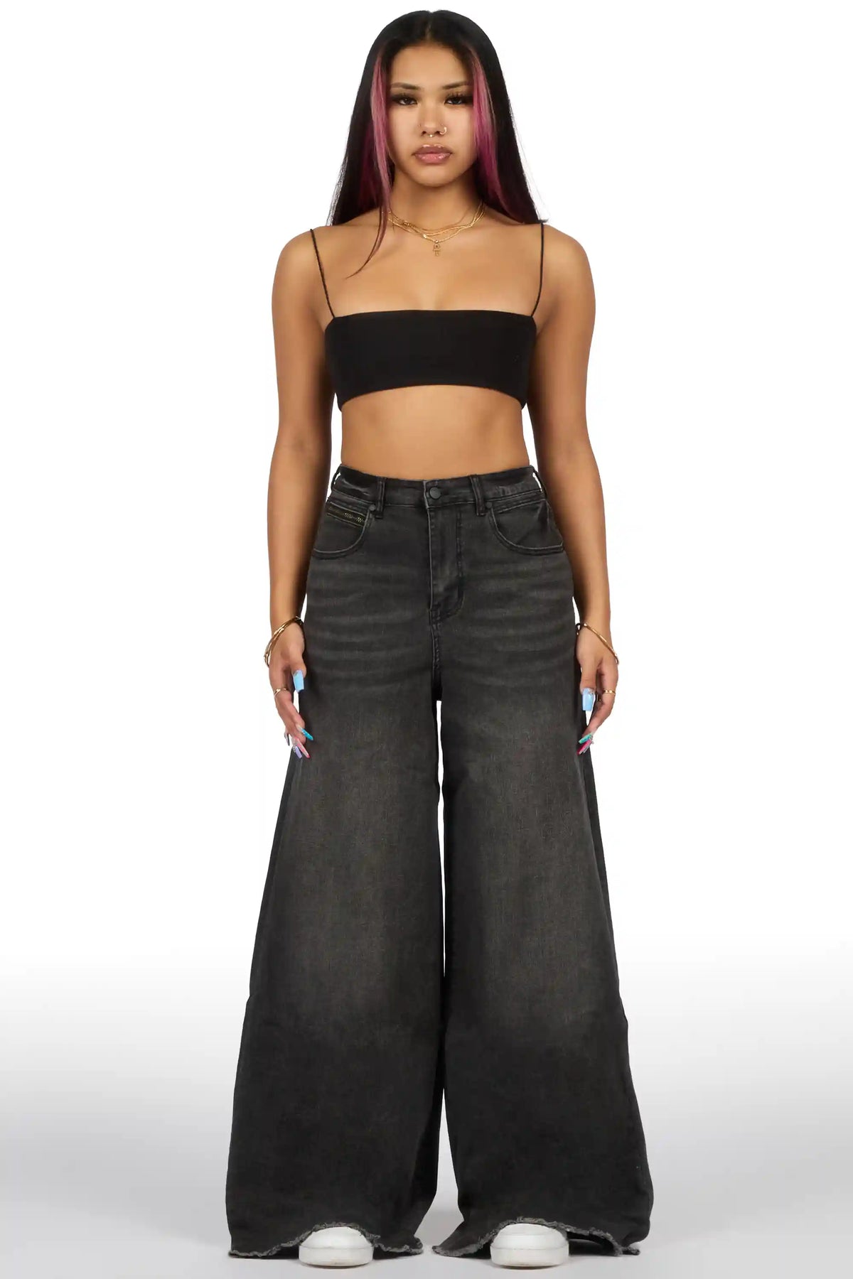 Cegaria Grey Wash High Rise Elastic Back Stretch Baggy Jean