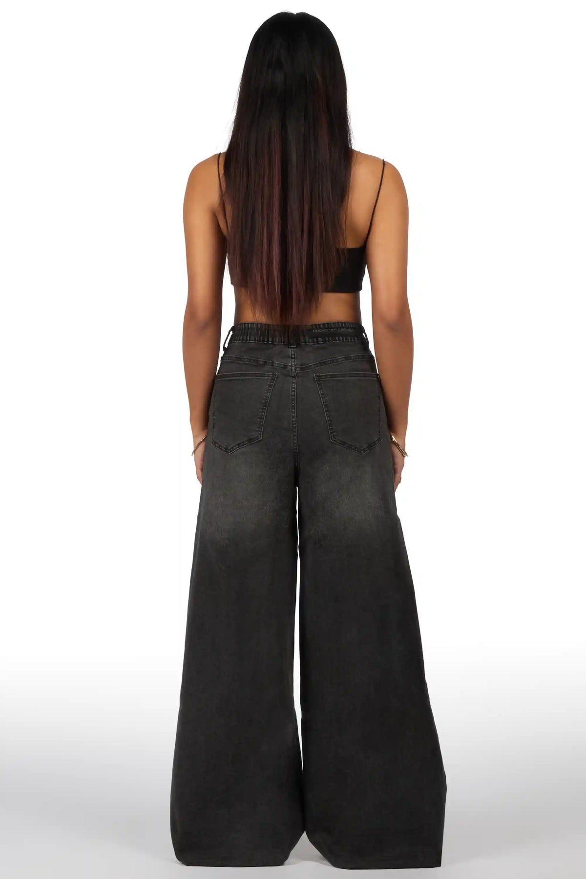 Cegaria Grey Wash High Rise Elastic Back Stretch Baggy Jean