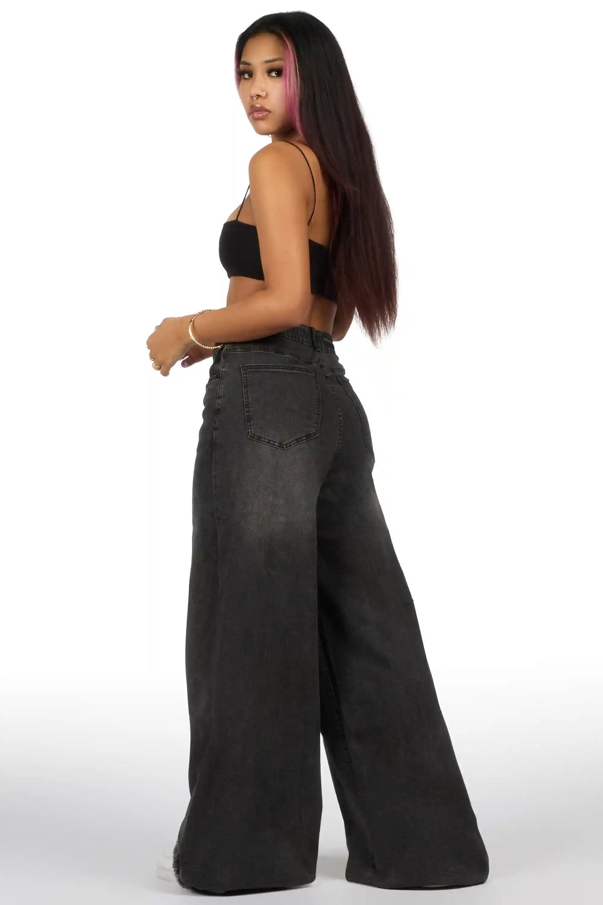 Cegaria Grey Wash High Rise Elastic Back Stretch Baggy Jean
