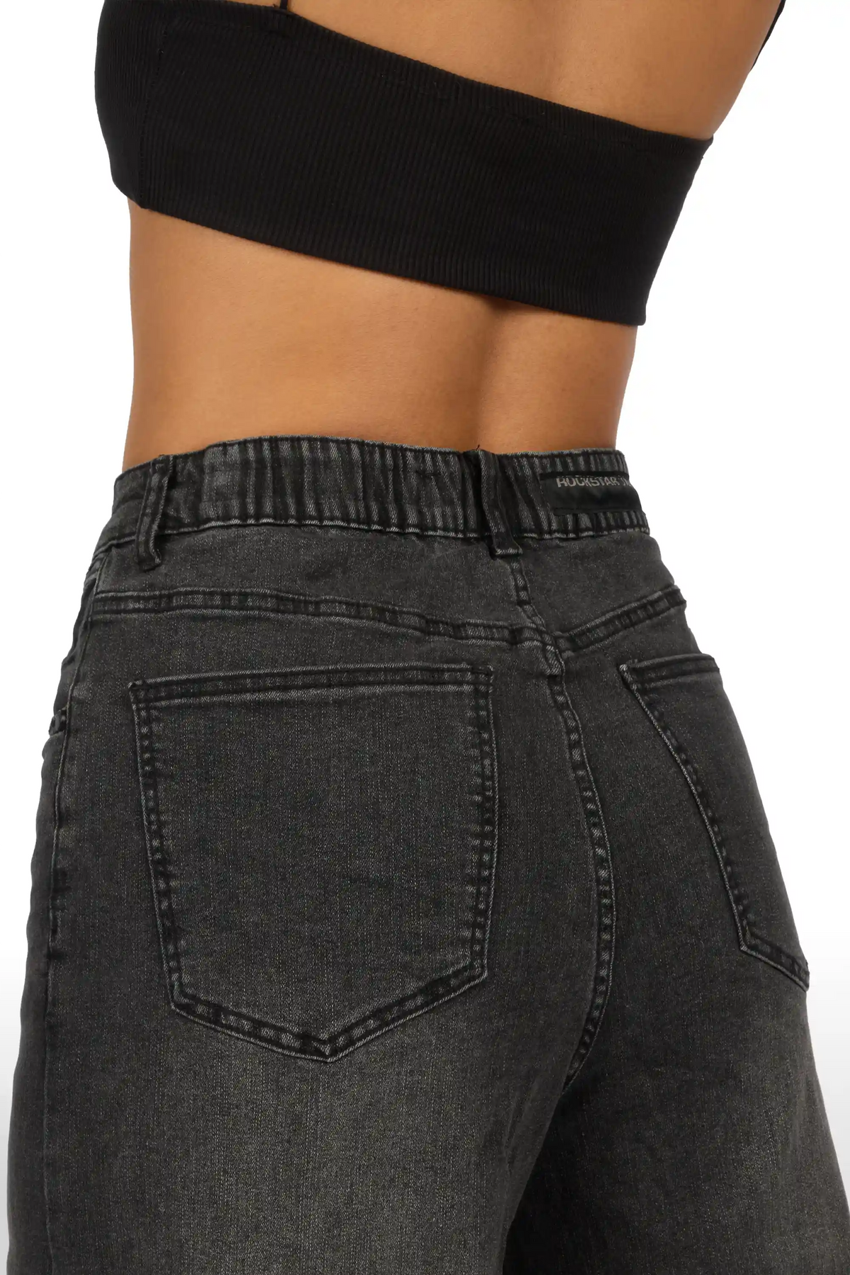 Cegaria Grey Wash High Rise Elastic Back Stretch Baggy Jean