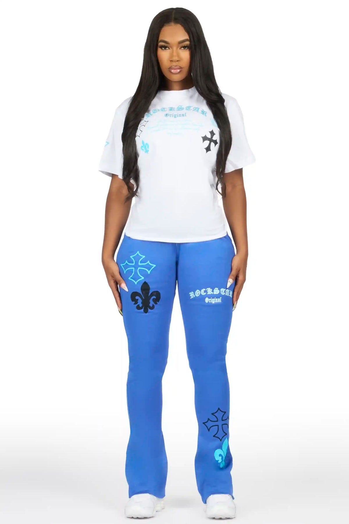 Deshunique White/Royal Blue T-Shirt Stacked Track Set